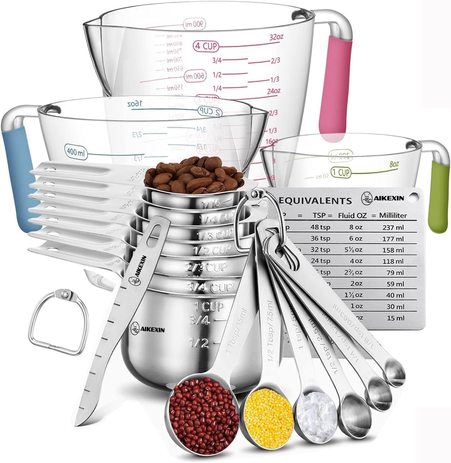 20 Piece Measuring Cups and Spoons Set Nesting Stainless Steel Measuring Cups Spoons