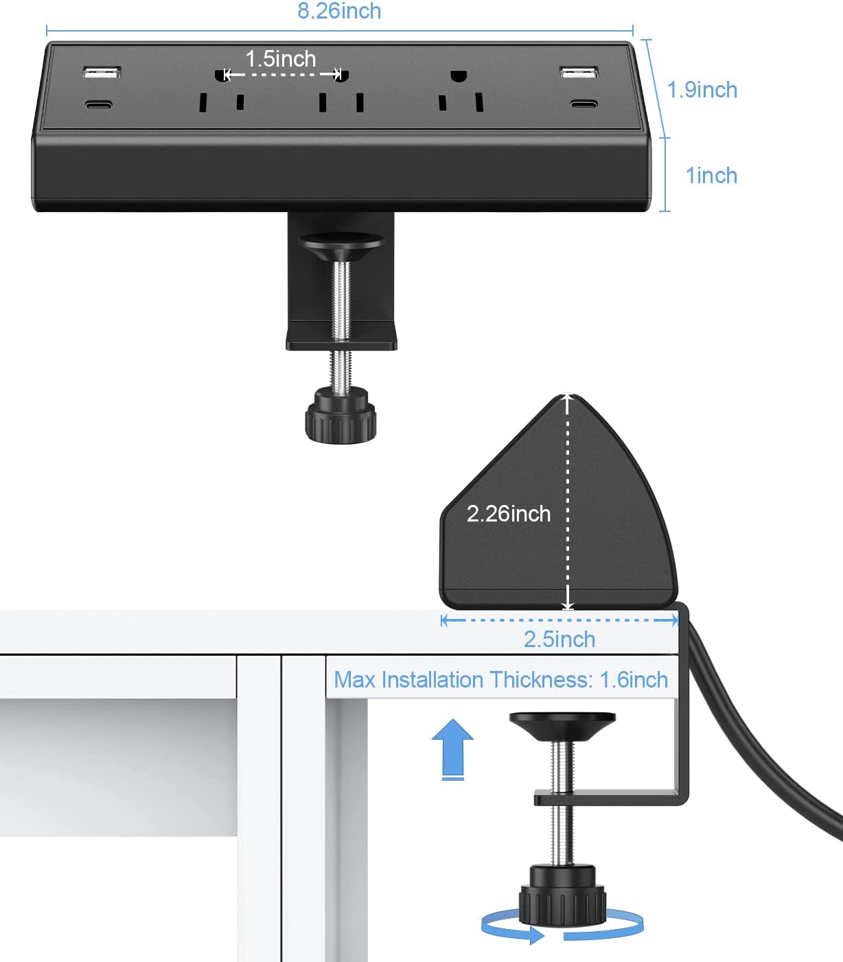 Desk Clamp Power Strip Desktop Mount Surge Protector 40W Fast Charging Station