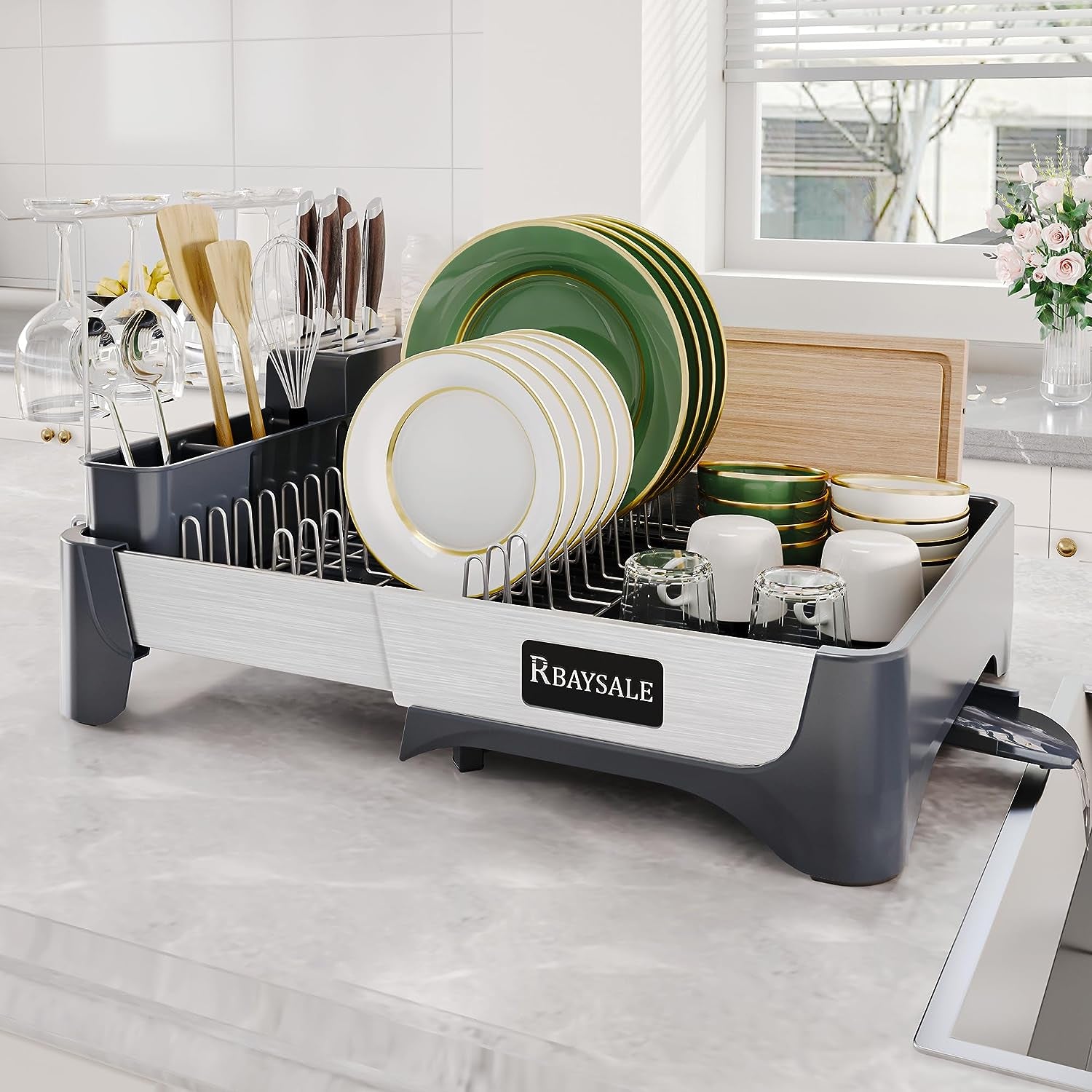 Large Expandable Stainless Steel Dish Rack with Aluminum Pull Plate