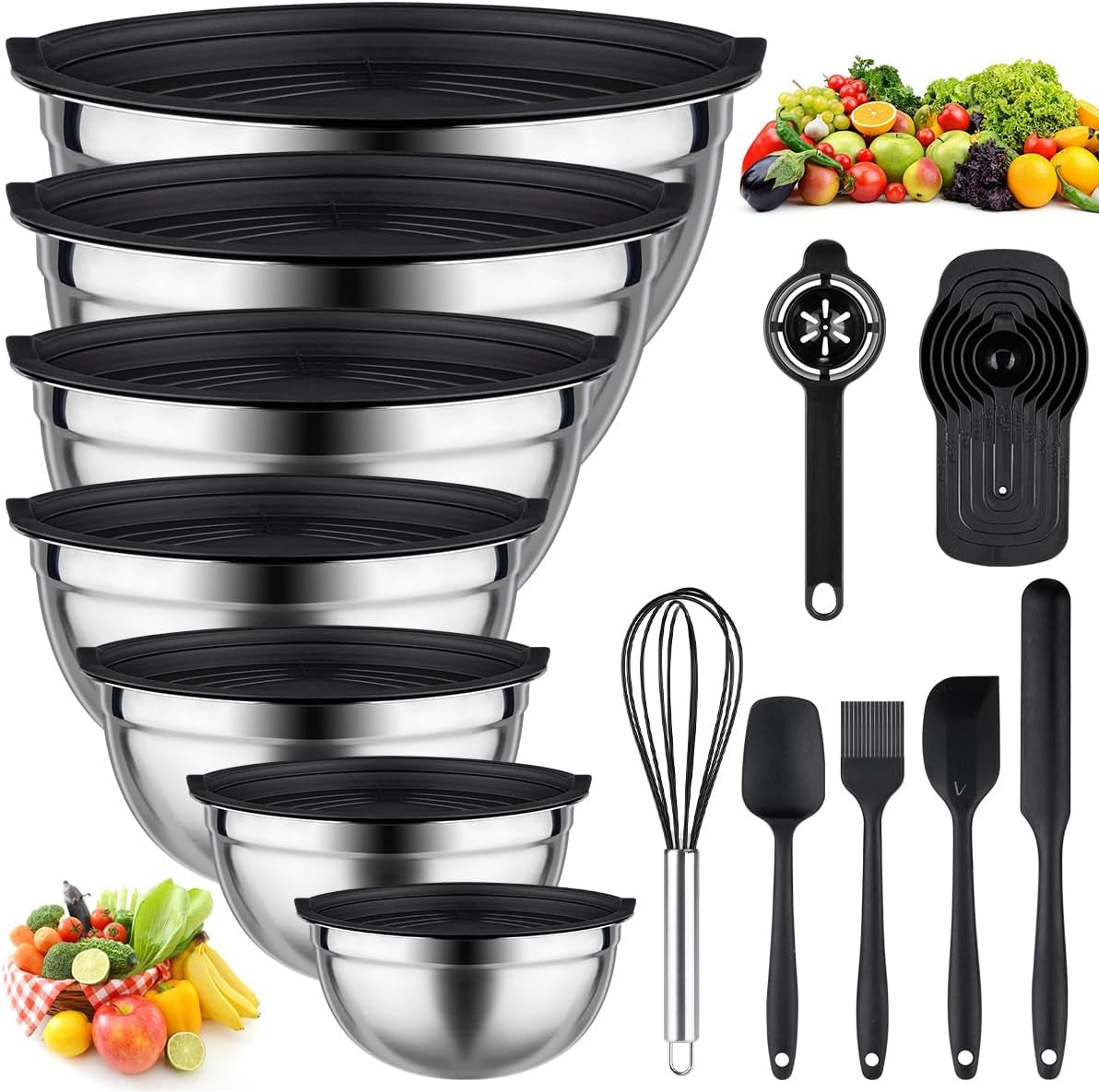 26 PCS Stainless Steel Nesting Black Mixing Bowls Set 