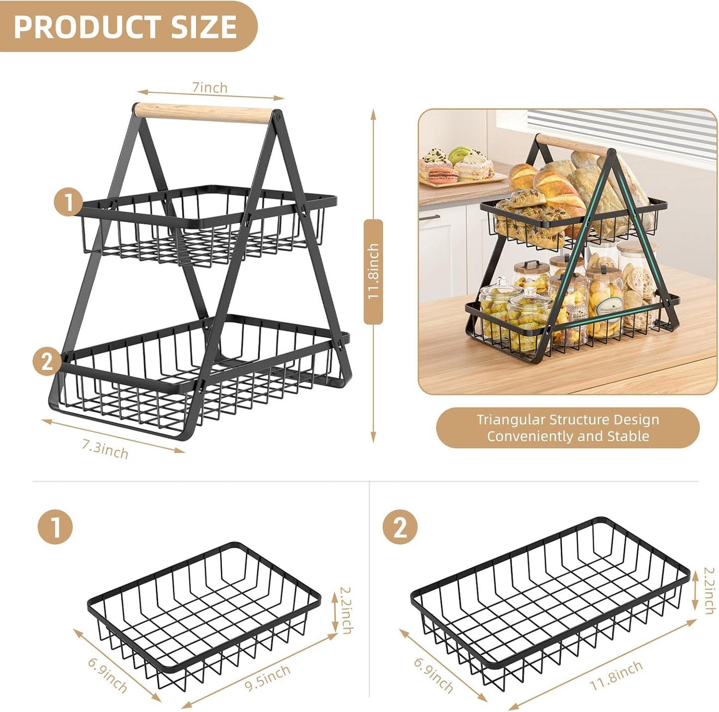 2 Tier Fruit Basket Upgraded Fruit Bowl  Detachable Metal Fruit Holder Vegetable