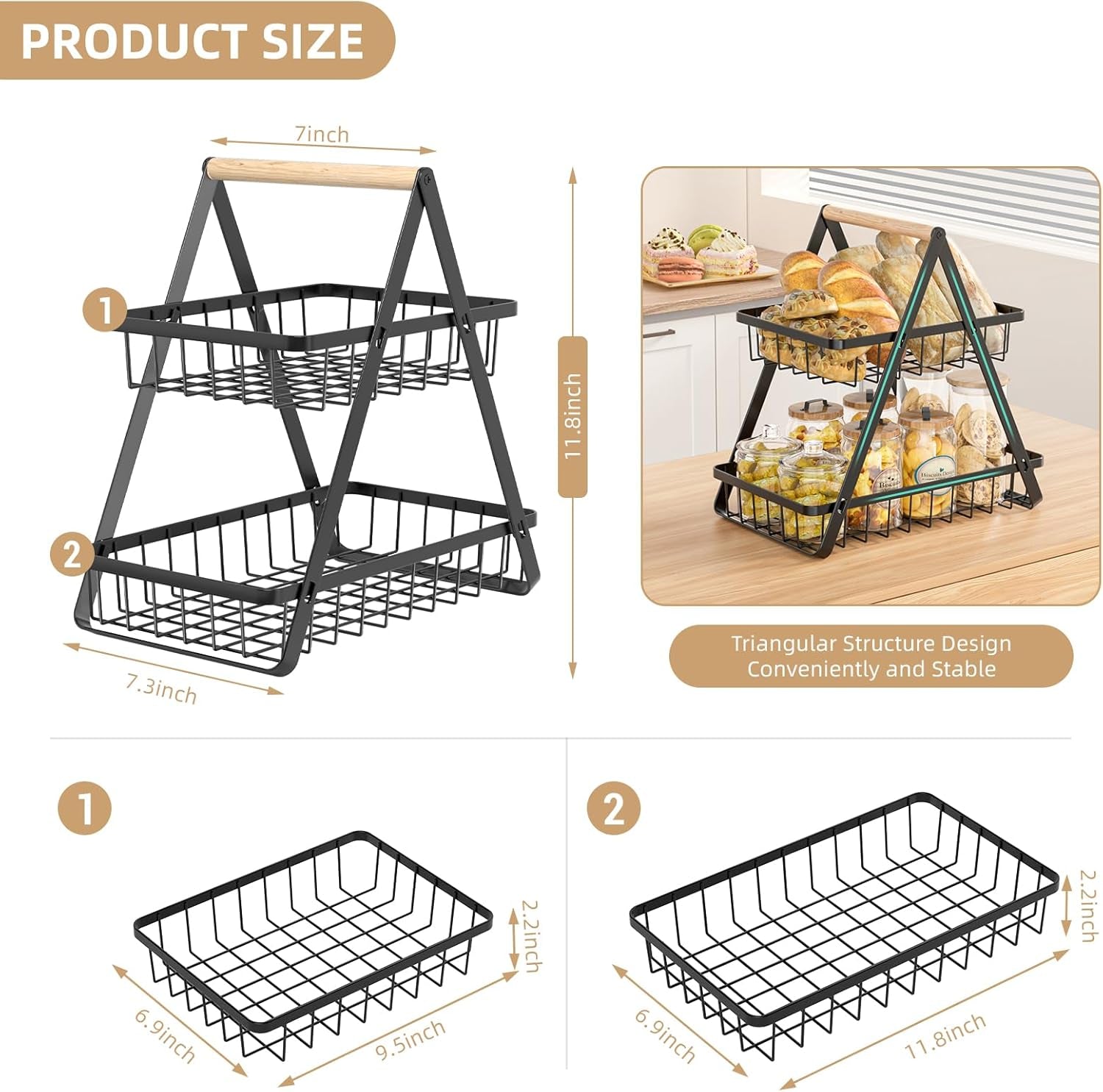 2 Tier Fruit Basket Upgraded Fruit Bowl  Detachable Metal Fruit Holder Vegetable