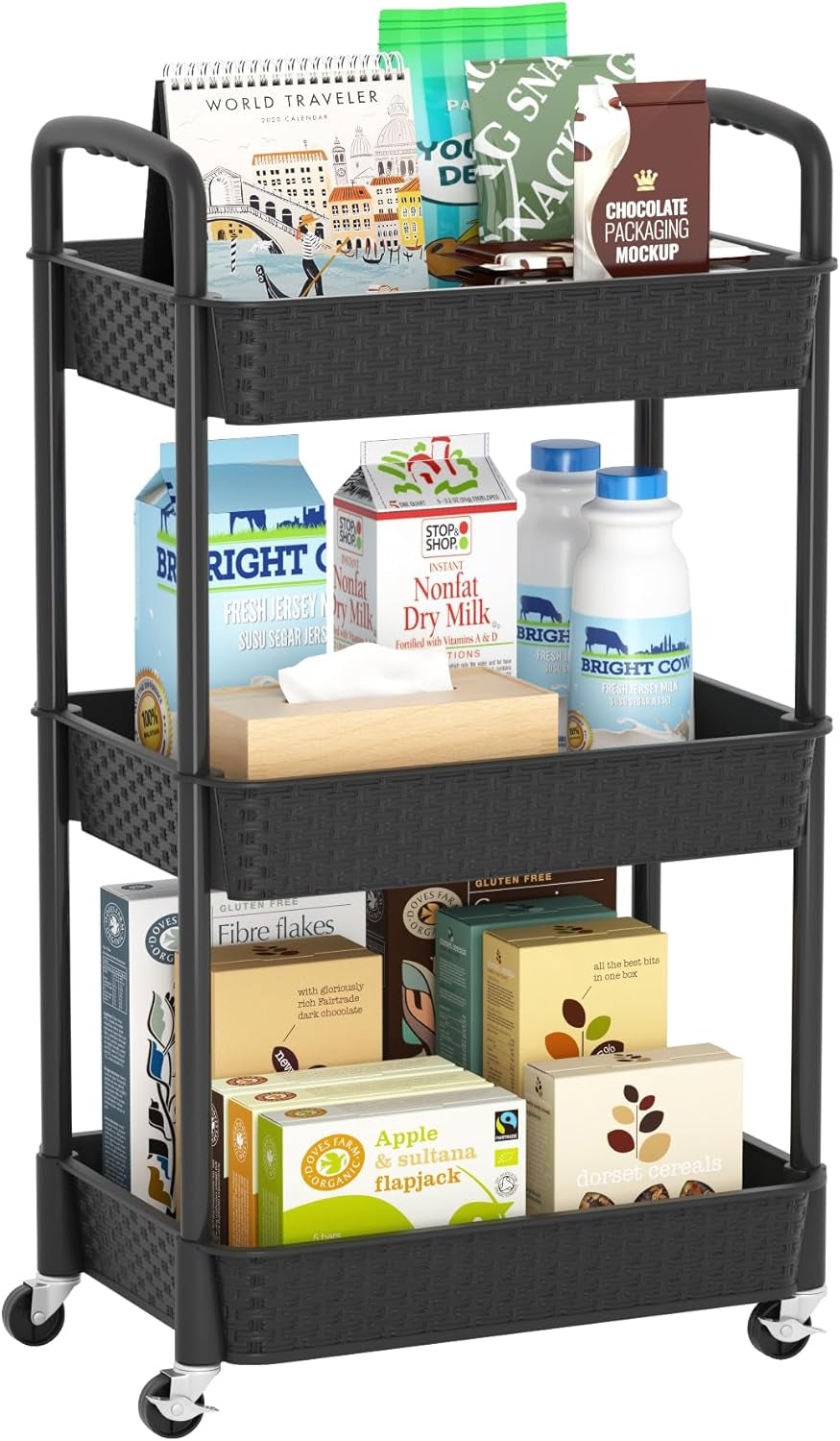 3 Tier Plastic Rolling Cart with Handle Utility Storage Cart with Office Living Room Kitchen