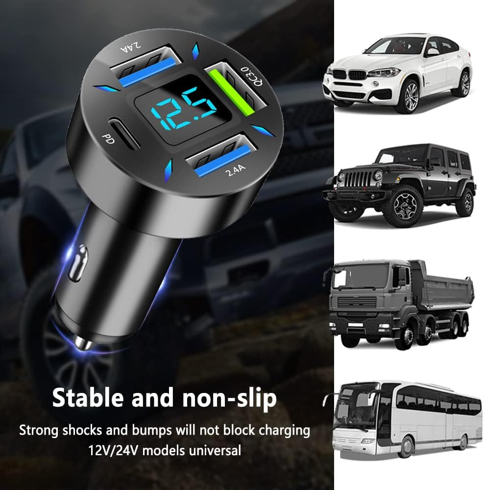 Car Charger 66W Super Fast Charging with USB PD&QC 3.0Voltmeter&Led Lights