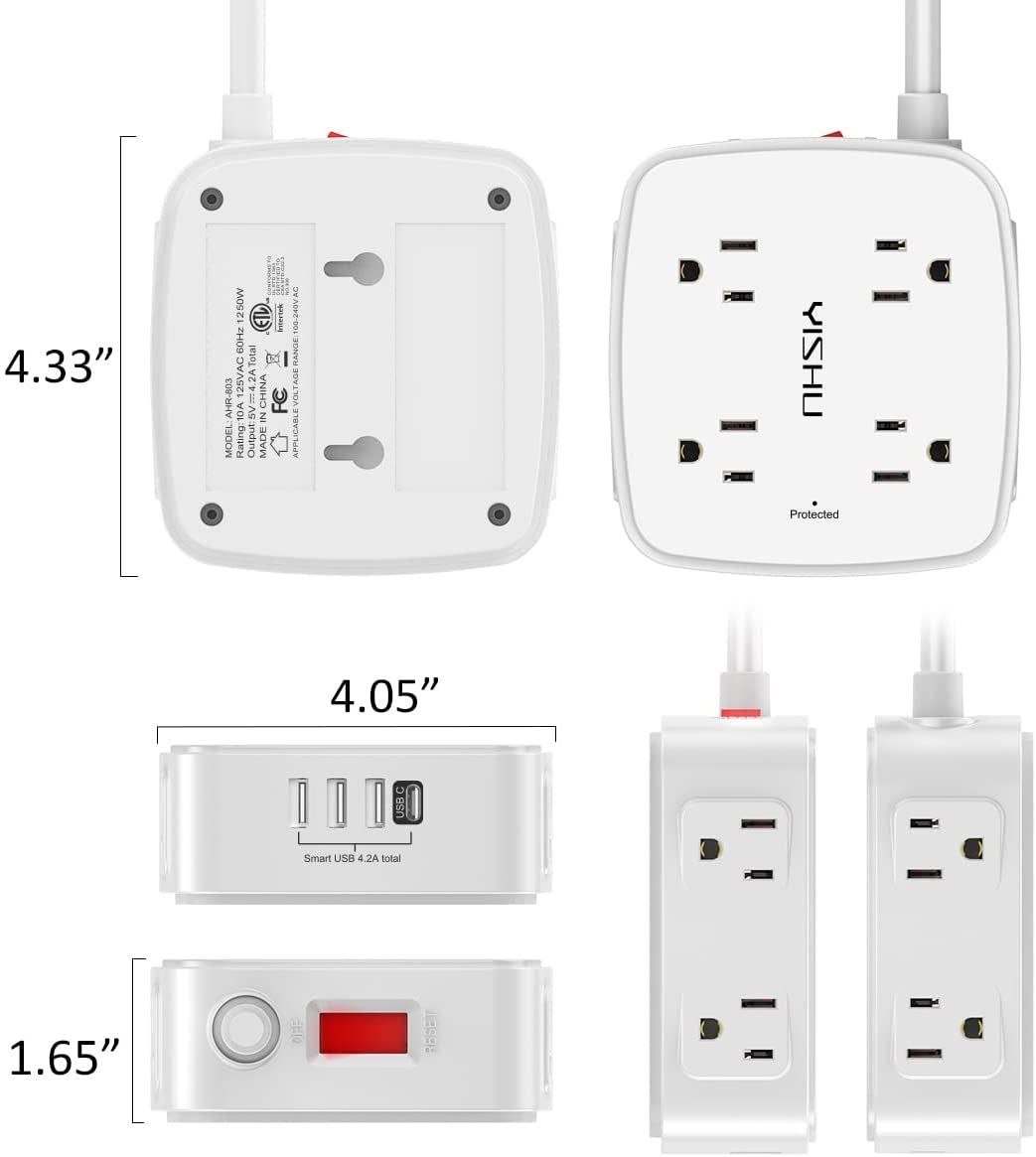 6 Ft Surge Protector Power Strip 8 Widely Outlets with 4 USB Ports 3 Side Extend