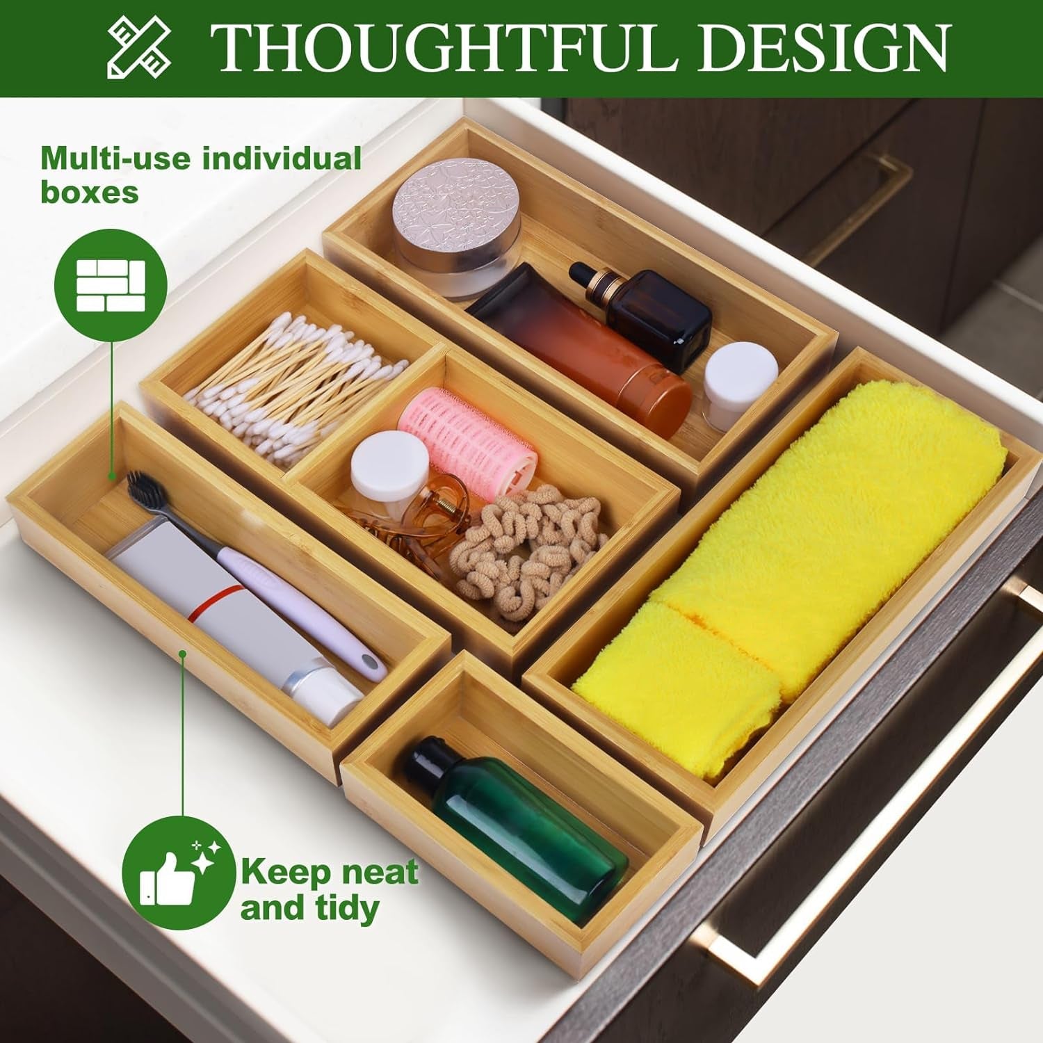 Bamboo Drawer Organizer Set  5 PCS Multi-Use Individual Wood Storage Organizers