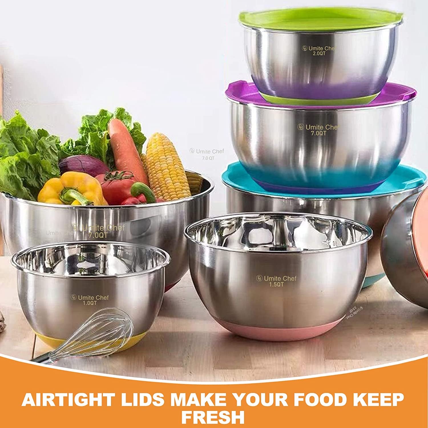 Mixing Bowls with Airtight Lids 6 Piece Stainless Steel Metal Bowls Measurement Marks