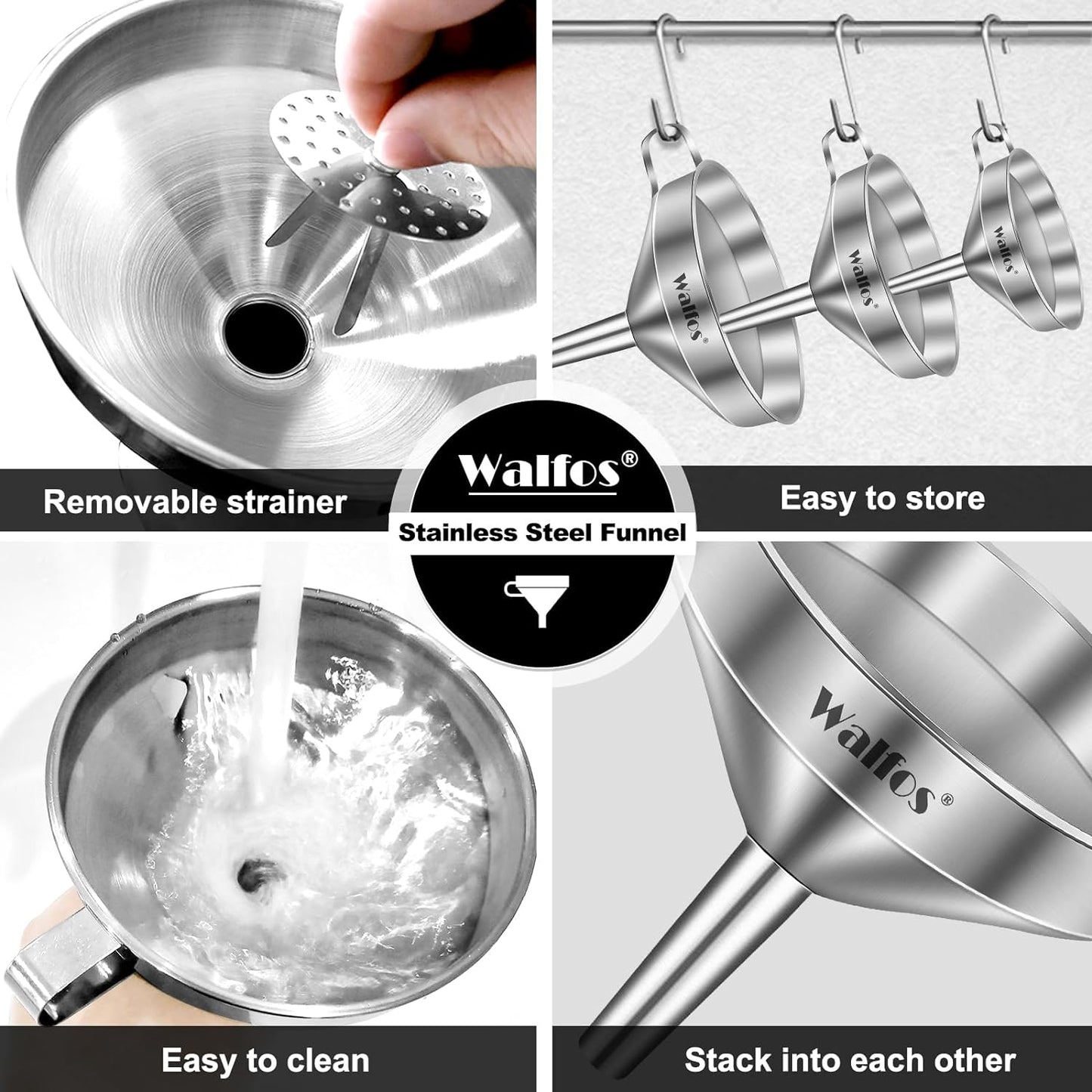 Stainless Steel Funnel,  3 Pack Kitchen Funnel with 2 Removable Strainer ＆ 1Pcs Cleaning Brush, Perfect for Transferring of Liquid, Oils, Jam, Dry Ingredients & Powder