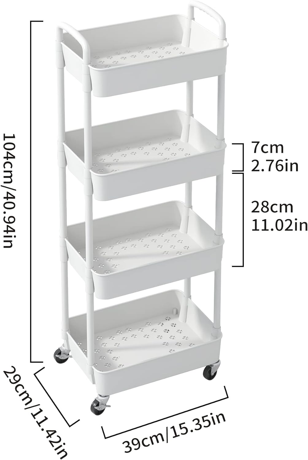 4 Tier Plastic Rolling Utility Cart with Handle Multi Functional Storage Trolley 