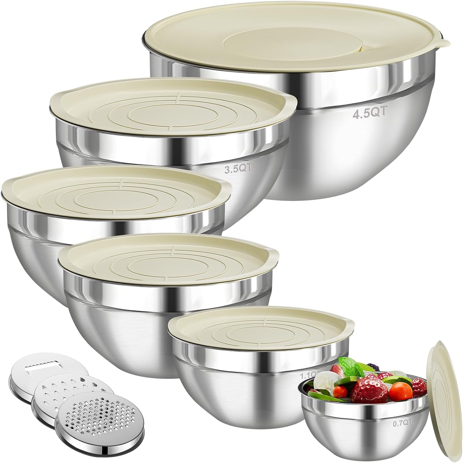 6 PCS Stainless Steel Mixing Bowls with 3 Grater Attachments