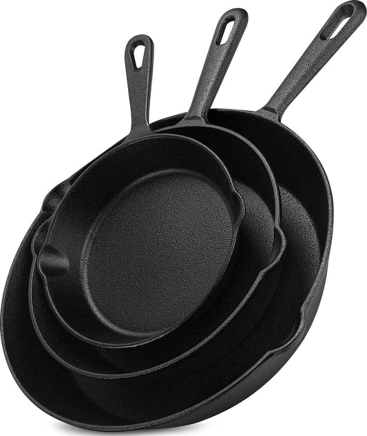 Saute Fry Pan Pre Seasoned Cast Iron Skillet Set 3 Piece  Frying Pan