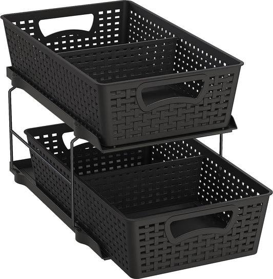 2 Tier Bathroom Organizer Tray Pull Out Sliding Drawer/Under-Sink Storage Black