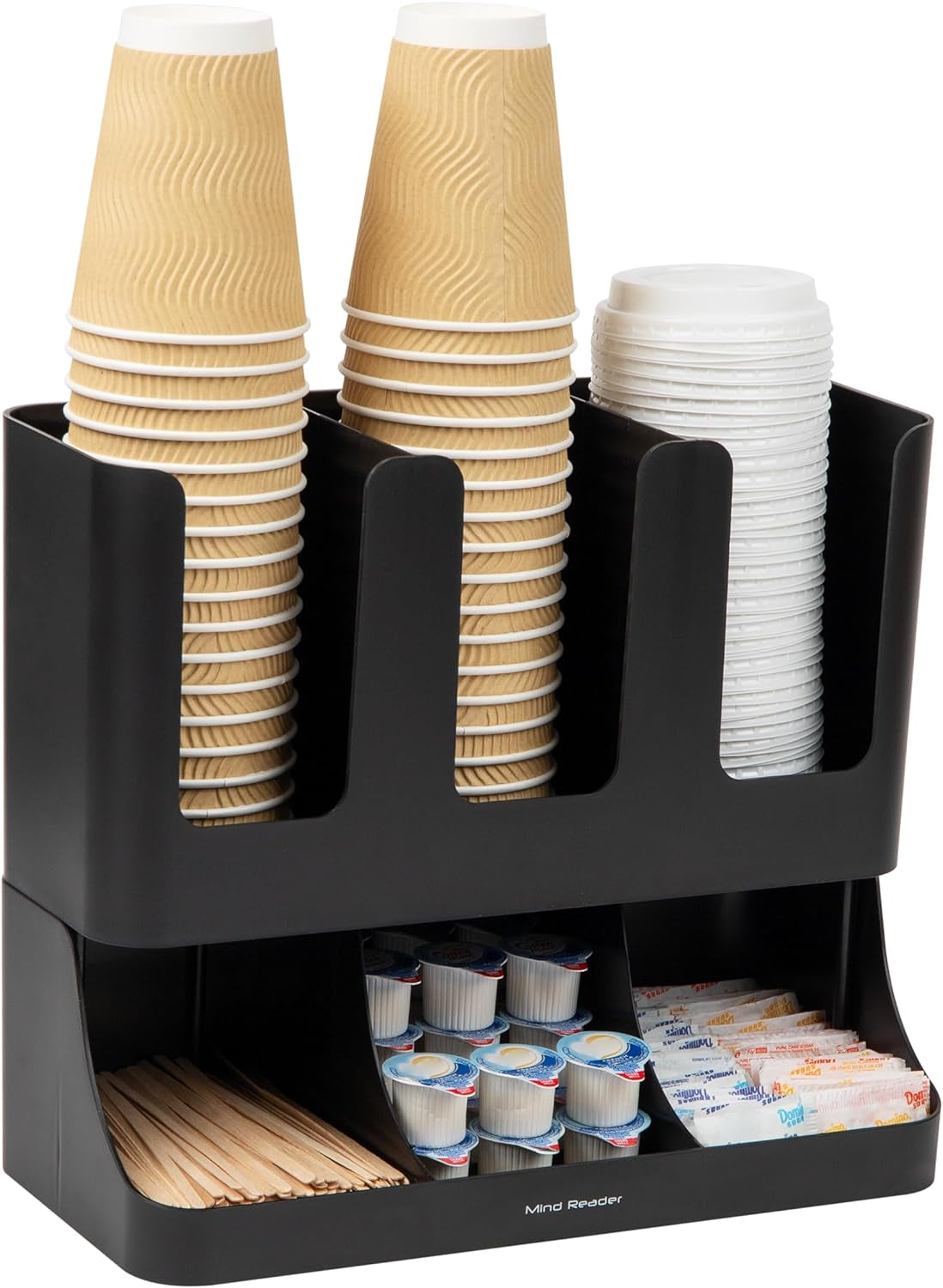 6 Compartment Upright Breakroom Coffee Condiment and Cup Storage Organizer