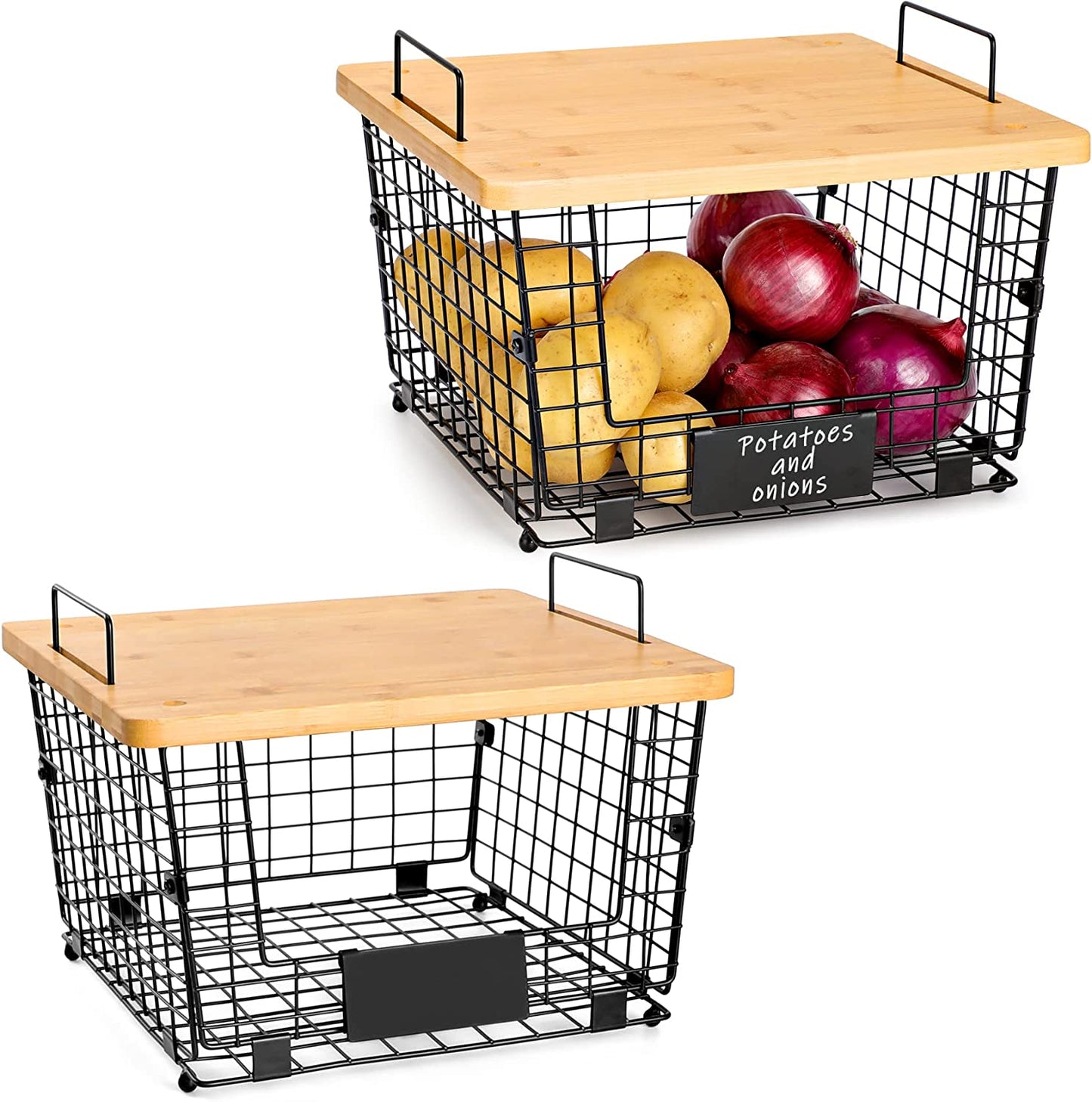 Wire Basket with Bamboo Top Kitchen Counte