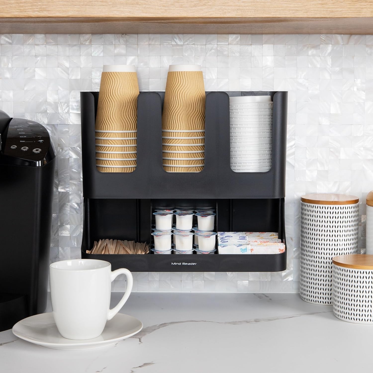 6 Compartment Upright Breakroom Coffee Condiment and Cup Storage Organizer