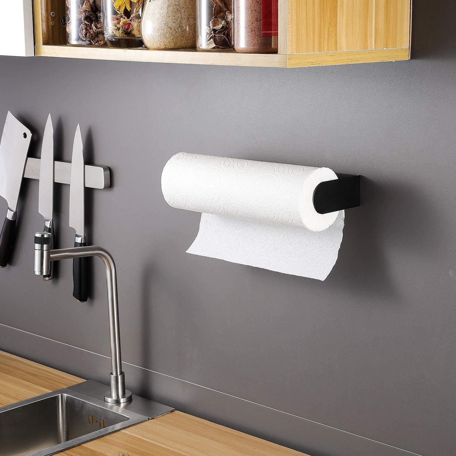 Black Paper Towel Holder Wall Mount under Cabinet Self Adhesive Paper Towel Rack