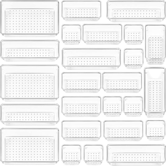 25 PCS Clear Plastic Drawer Organizers Set 4-Size Versatile Bathroom and Vanity