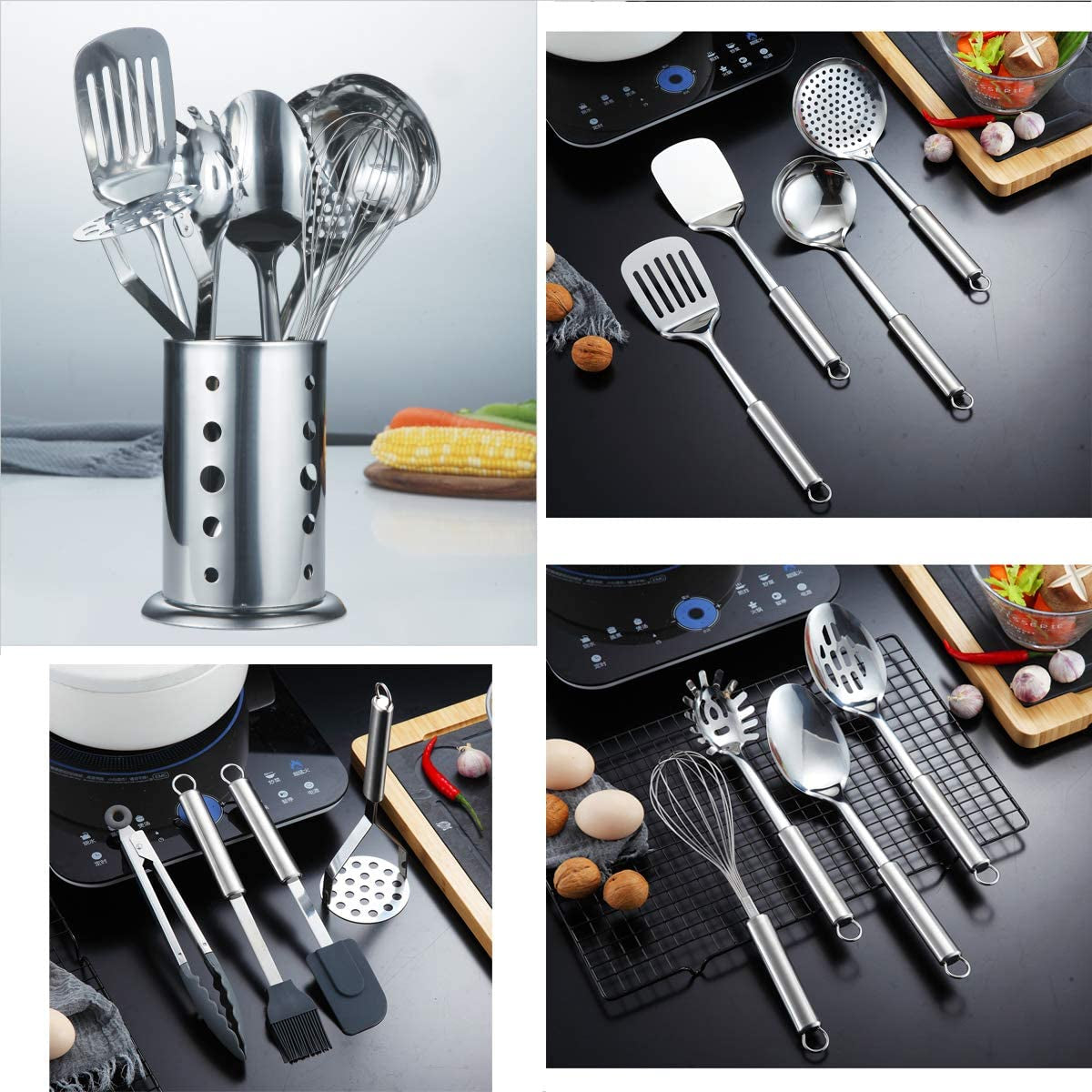 Cooking Utensil Set 13 Piece Stainless Steel Kitchen Tool Set with Holder