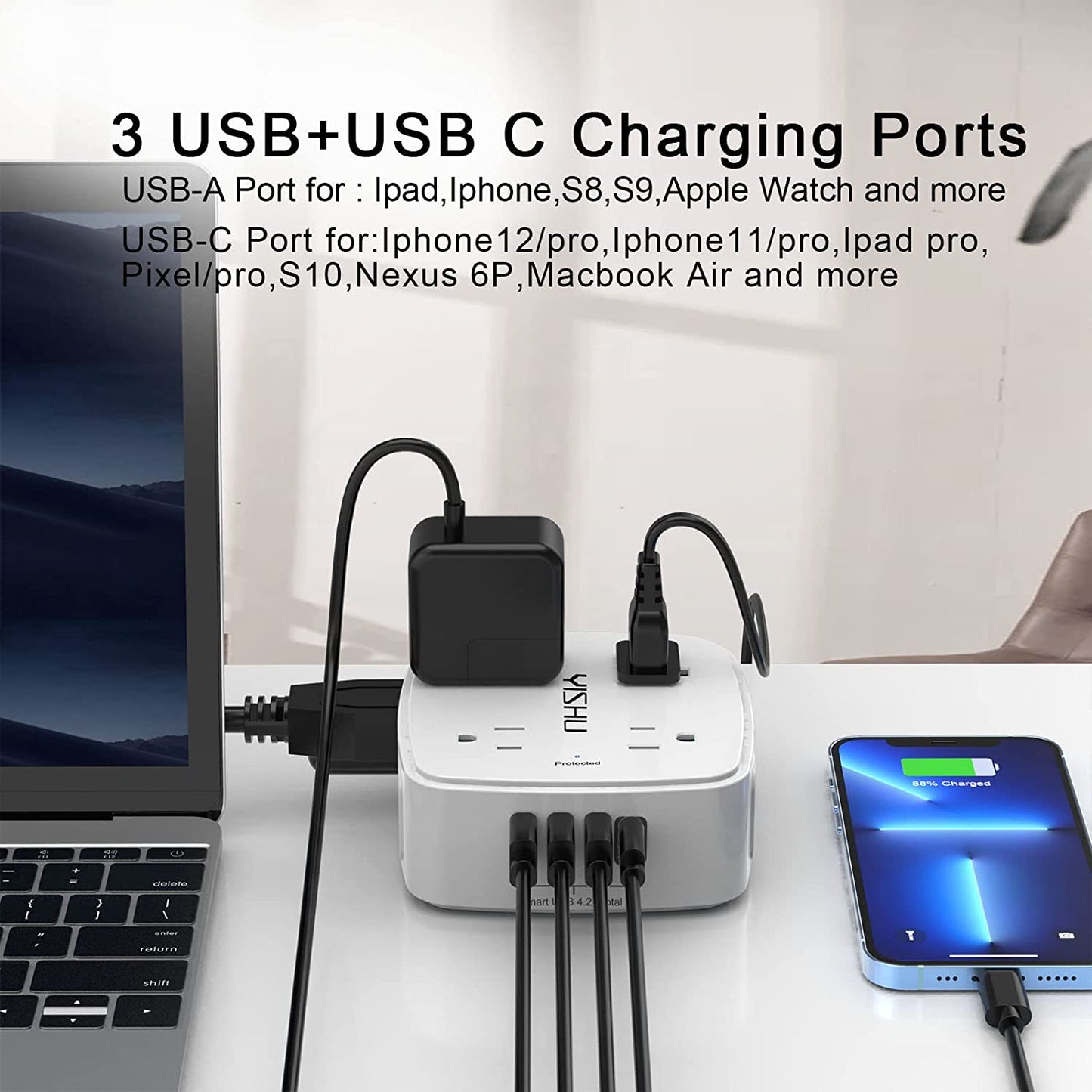 6 Ft Surge Protector Power Strip 8 Widely Outlets with 4 USB Ports 3 Side Extend