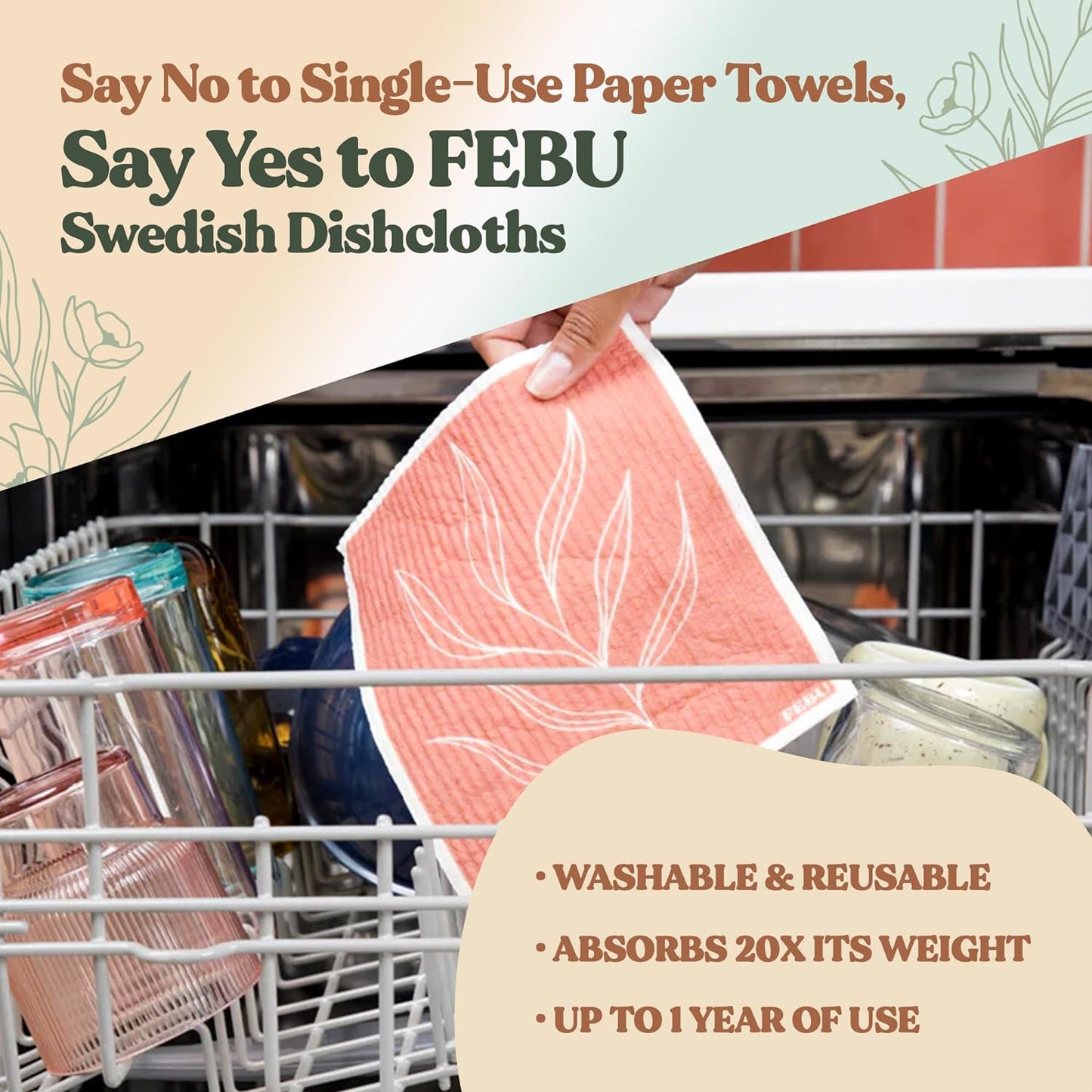 Swedish Dishcloths for Kitchen 5 Pack Watercolor Dish Towels Reusable Paper Towels Washable 