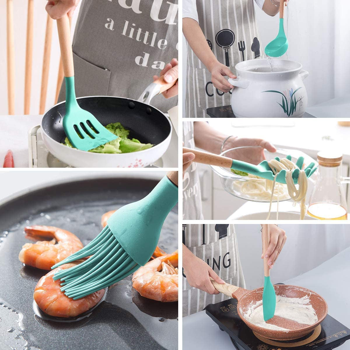 17 Pcs Silicone Cooking Kitchen Utensils Set with Holder Wooden 