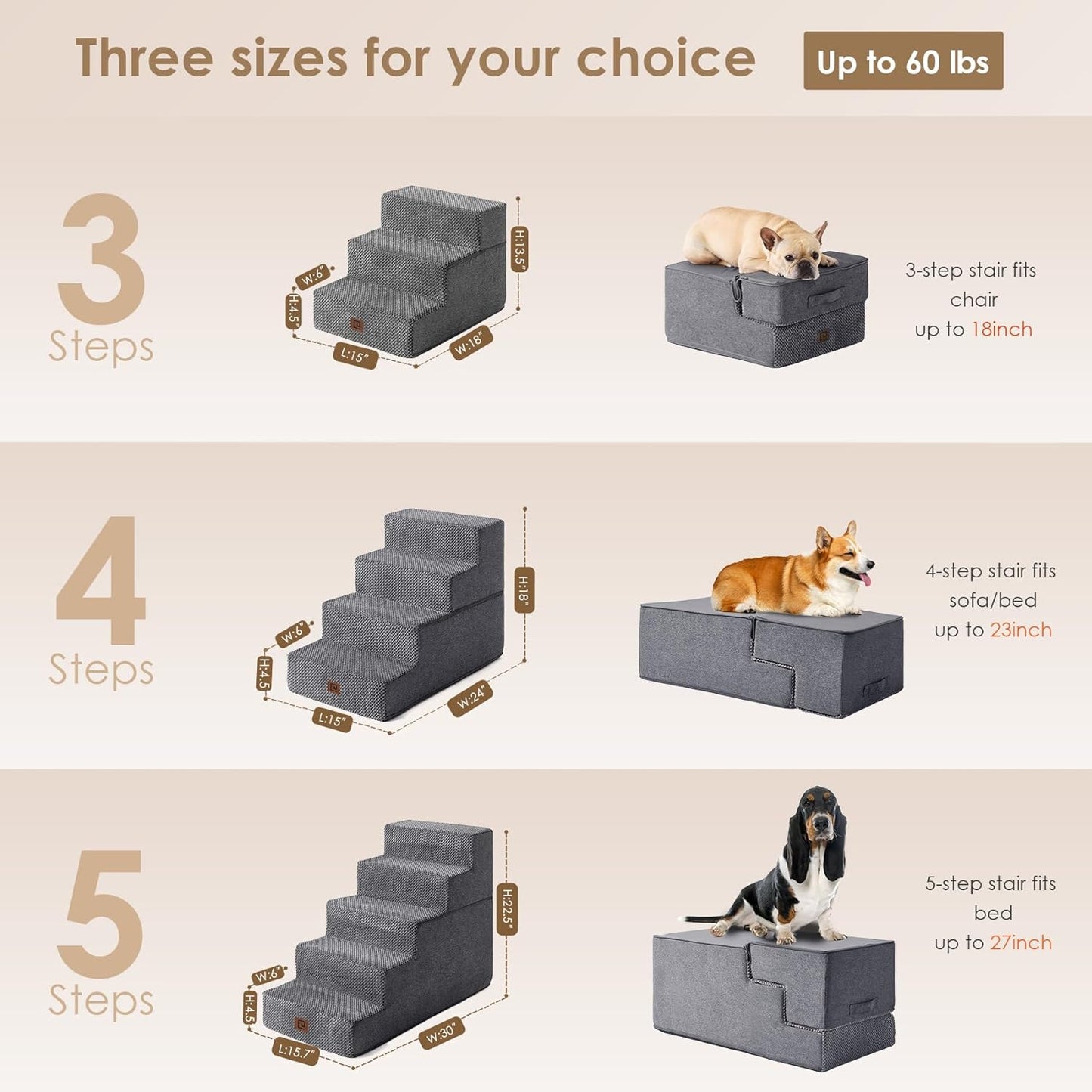 Dog Stairs for Bed 18 H  4 Step Dog Steps for High Bed  Pet Steps for Small Dogs