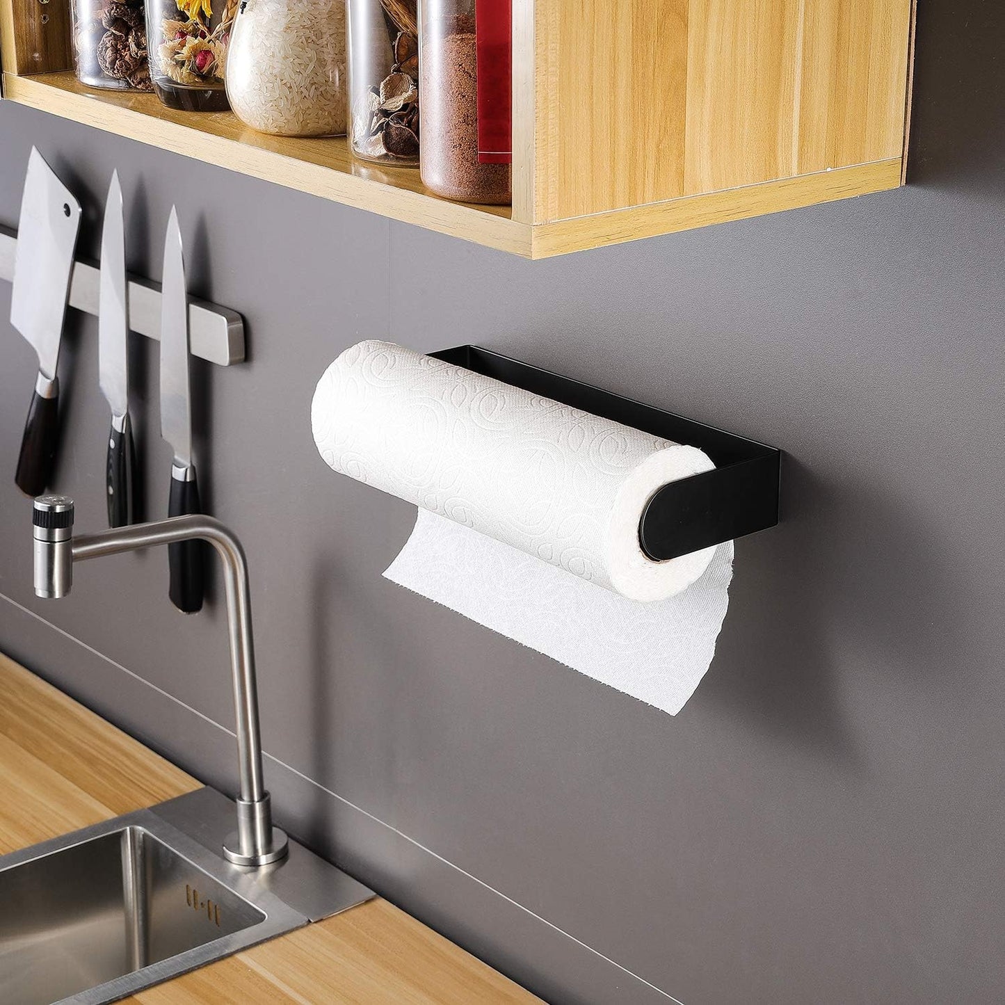 Black Paper Towel Holder Wall Mount under Cabinet Self Adhesive Paper Towel Rack