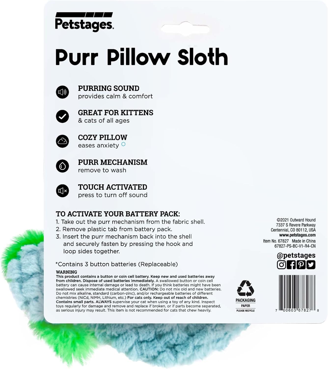 Purr Pillow Snoozin  Sloth Soothing Plush Cat Toy