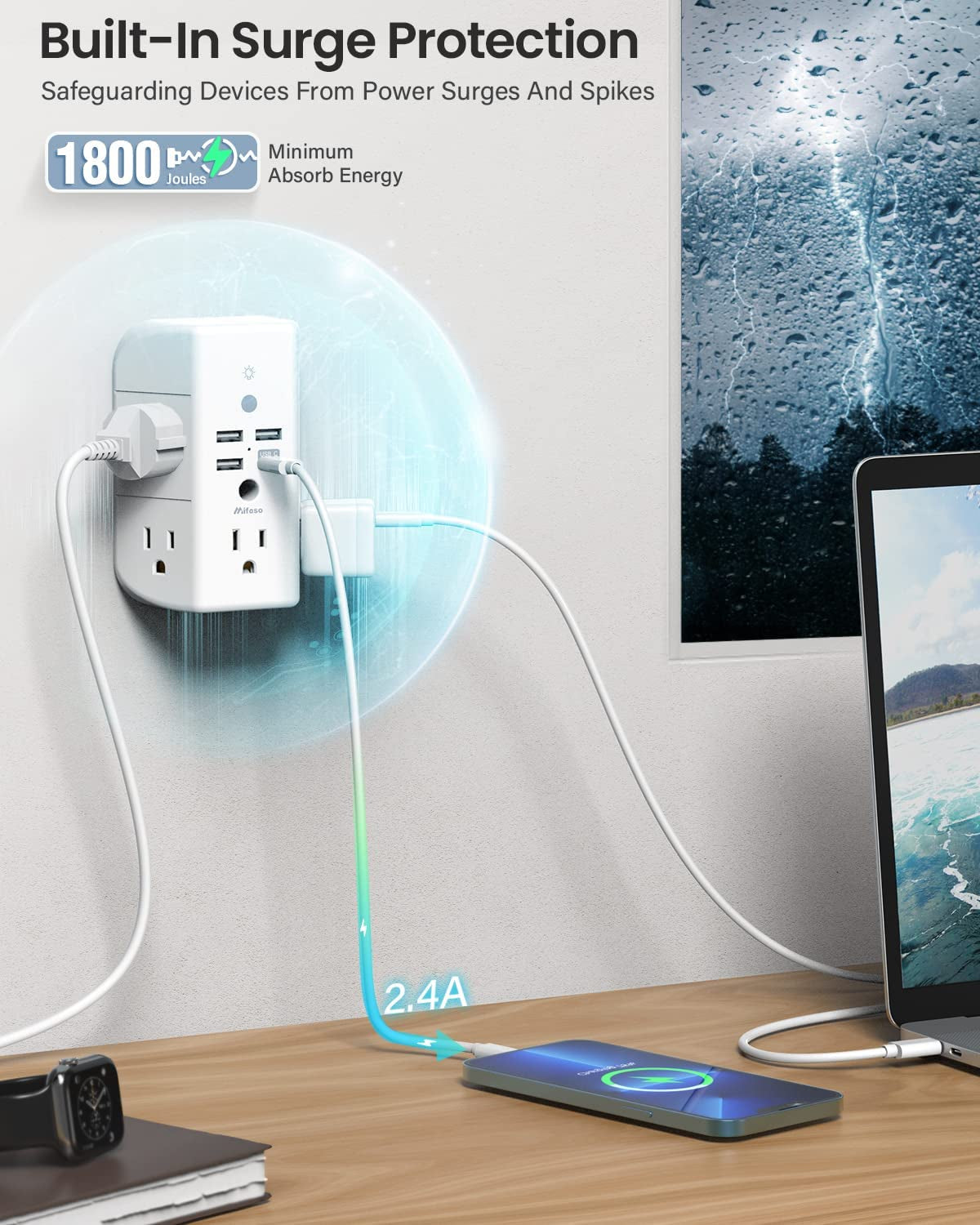 Wall Outlet Extender with Shelf and Night Light Surge Protector Usb Wall Charger