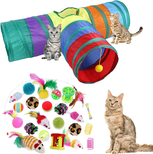 32Pcs Cat Toys Kitten Interactive Pet Toys Assortments Foldable Rainbow Tunnel