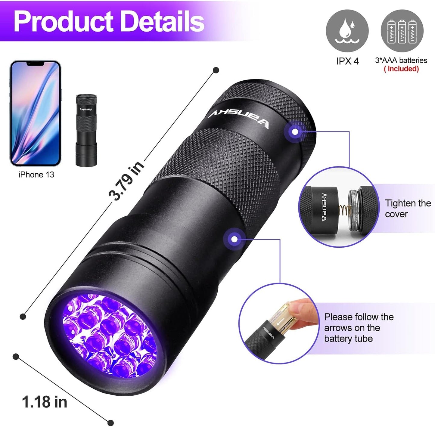 Black Light UV Flashlight Blacklight 12 LED Urine Detector for Dog/Cat/Pet Urine 