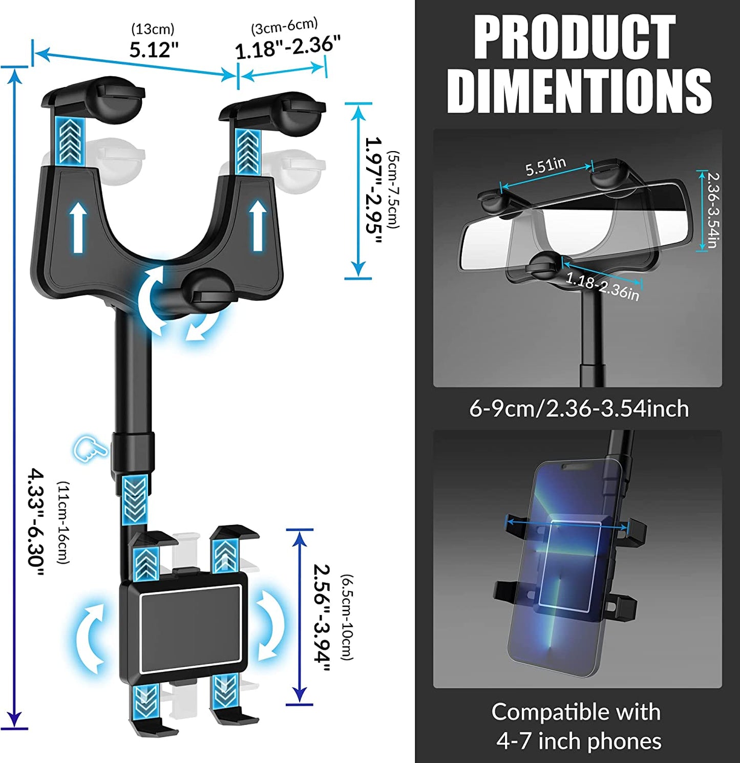 Rear View Mirror Phone Holder 2023 Rotatable and Retractable Universal Mount