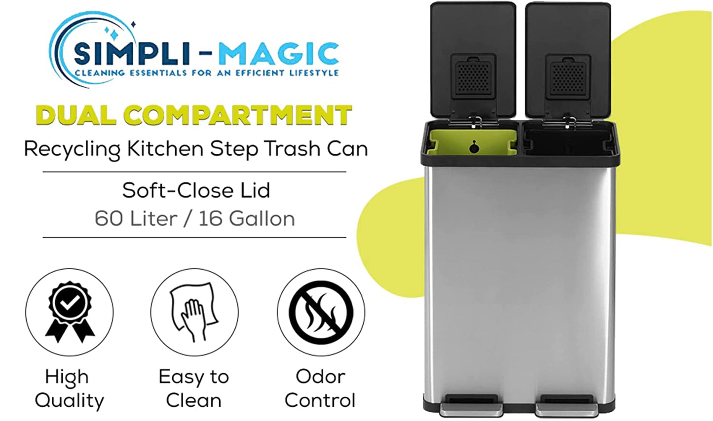 60 Liter  16 Gallon Rectangular Hands Free Dual Compartment Recycling Kitchen Step Trash Can 