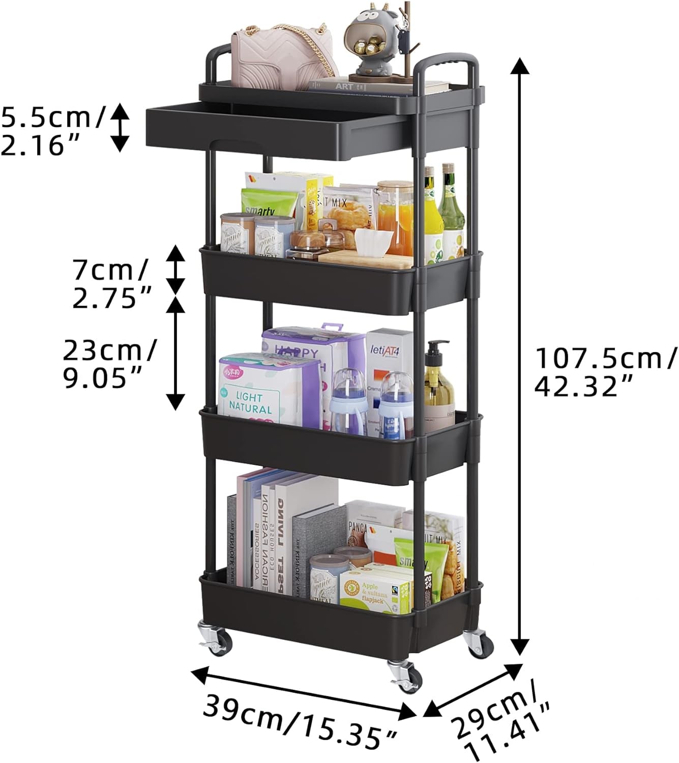 4 Tier Rolling Utility Cart with Drawer Multifunctional Storage Organizer with Plastic Shelf