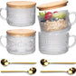 Vintage Coffee Mugs 4Pcs Set Clear Embossed Tea Cups with Bamboo Lids and Spoons