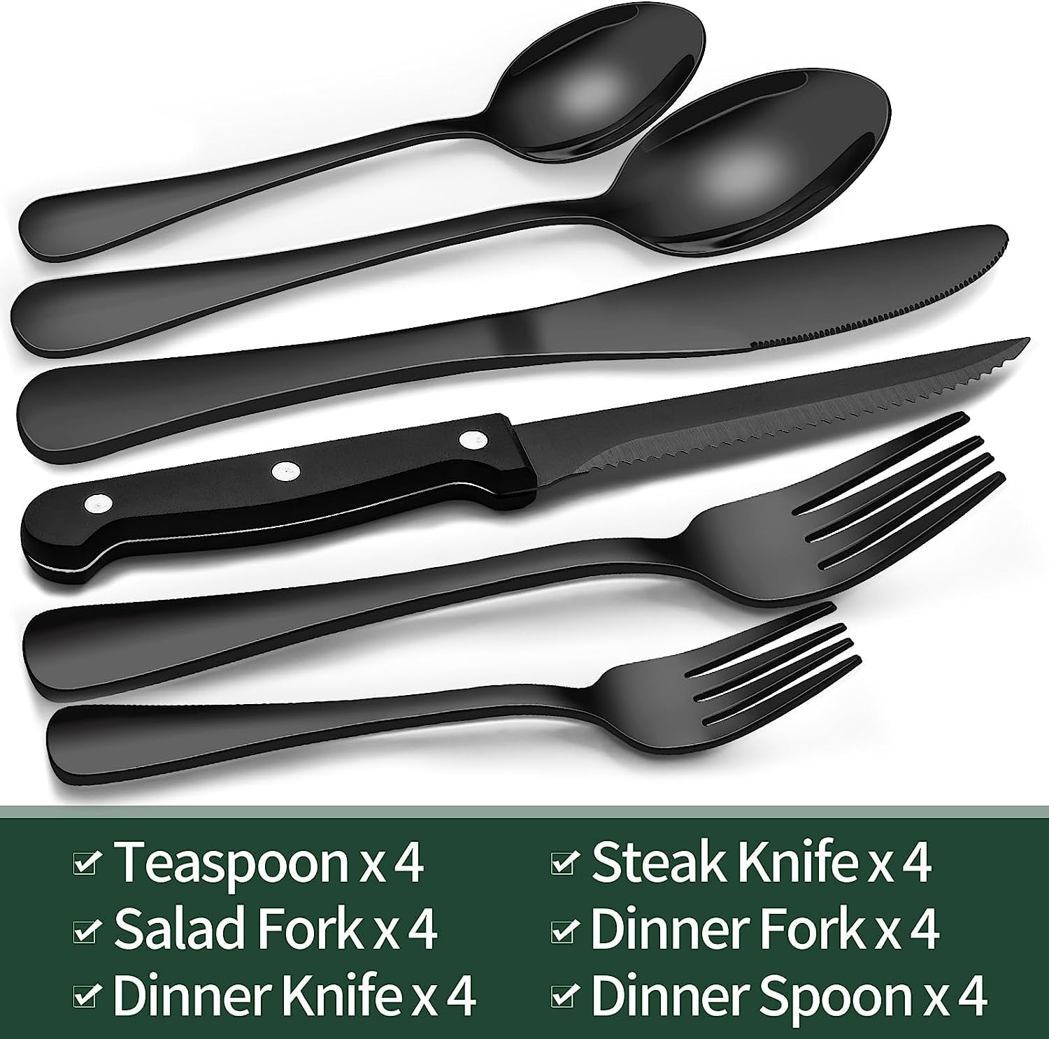  Piece Black Silverware Set with Steak Knives Black Flatware