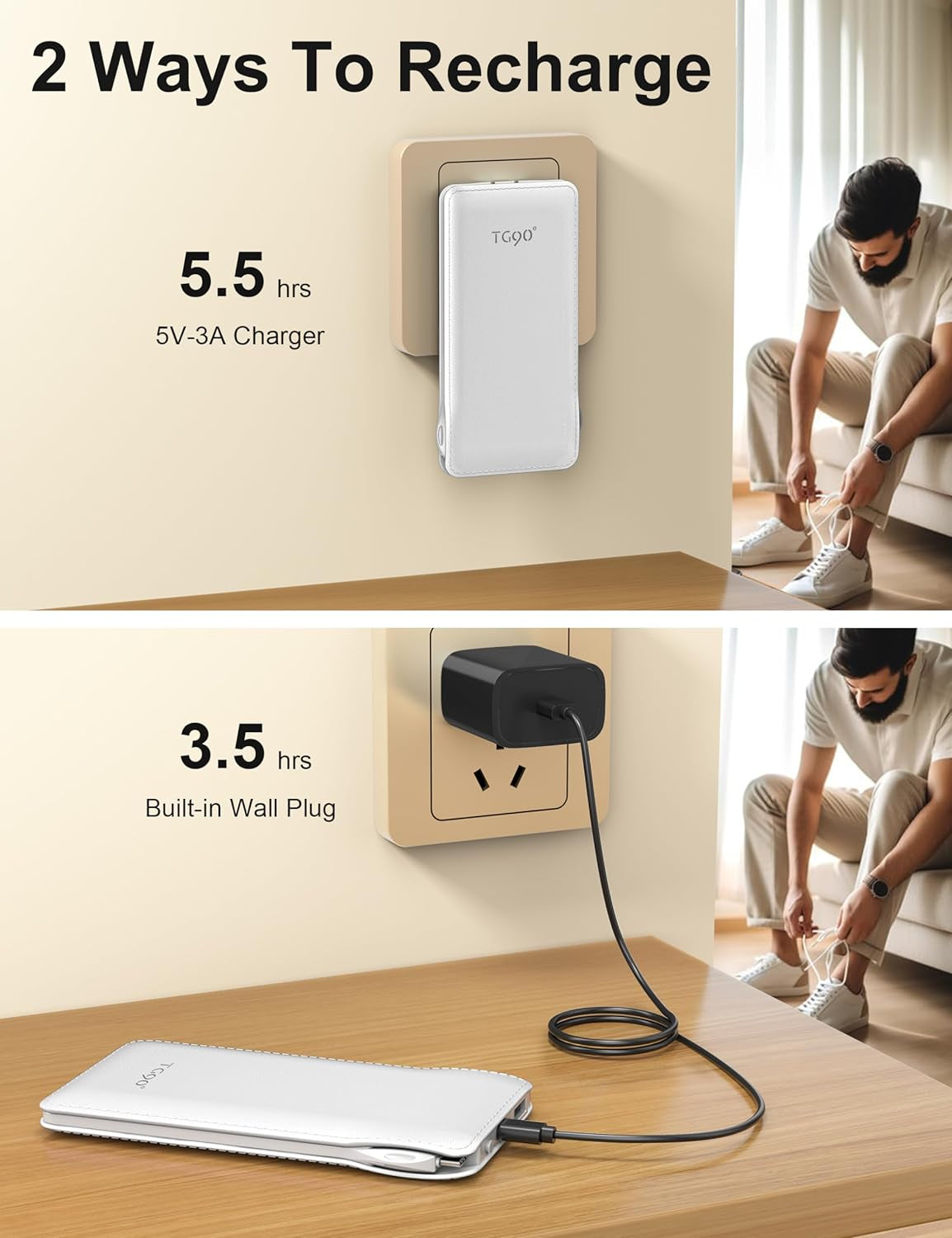 Portable Charger Power Bank with Built In AC Wall Plug and Cables10000Mah