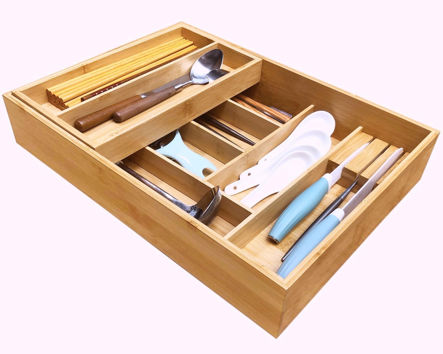 Double Layer Bamboo Kitchen Drawer Organizer Utensil Silverware Organizer