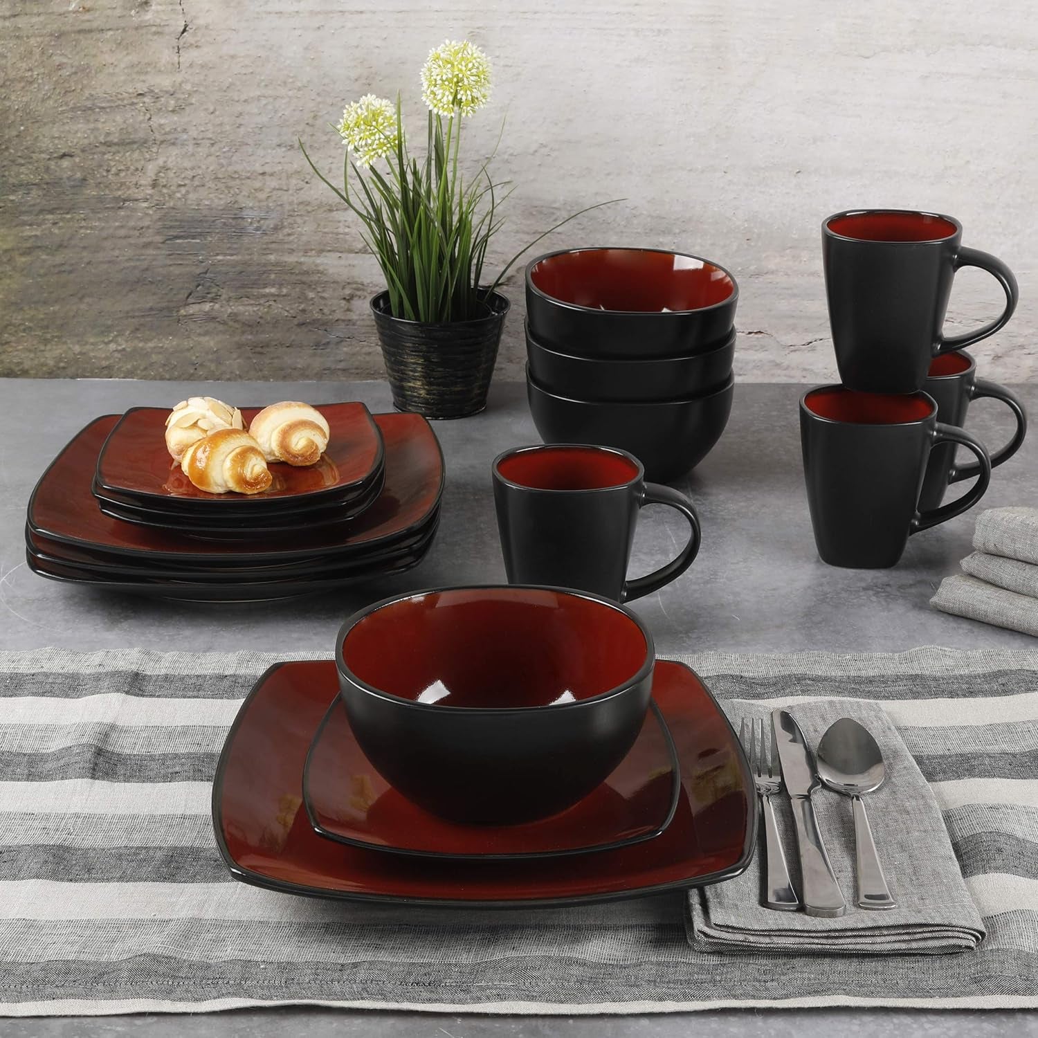 Square Reactive Glaze Dinnerware Set Red Service