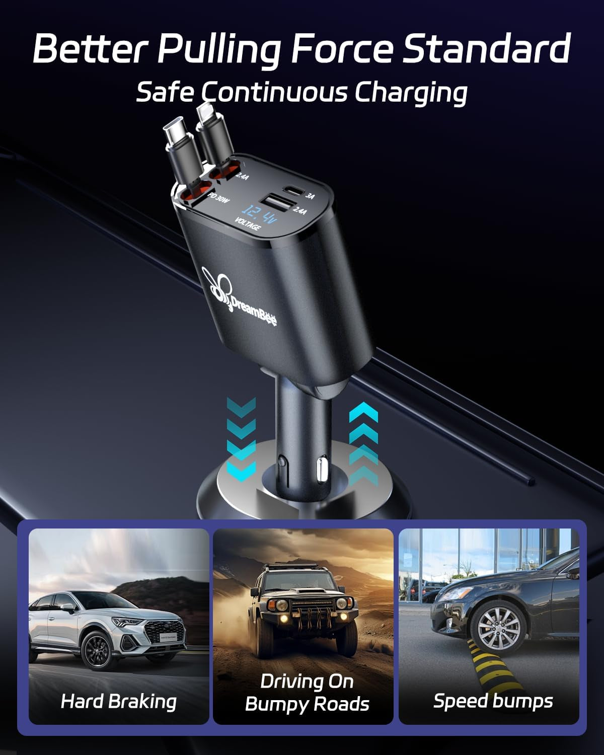 Retractable Car Charger 66W 4 in 1 Super Fast Charge Car Phone Charger