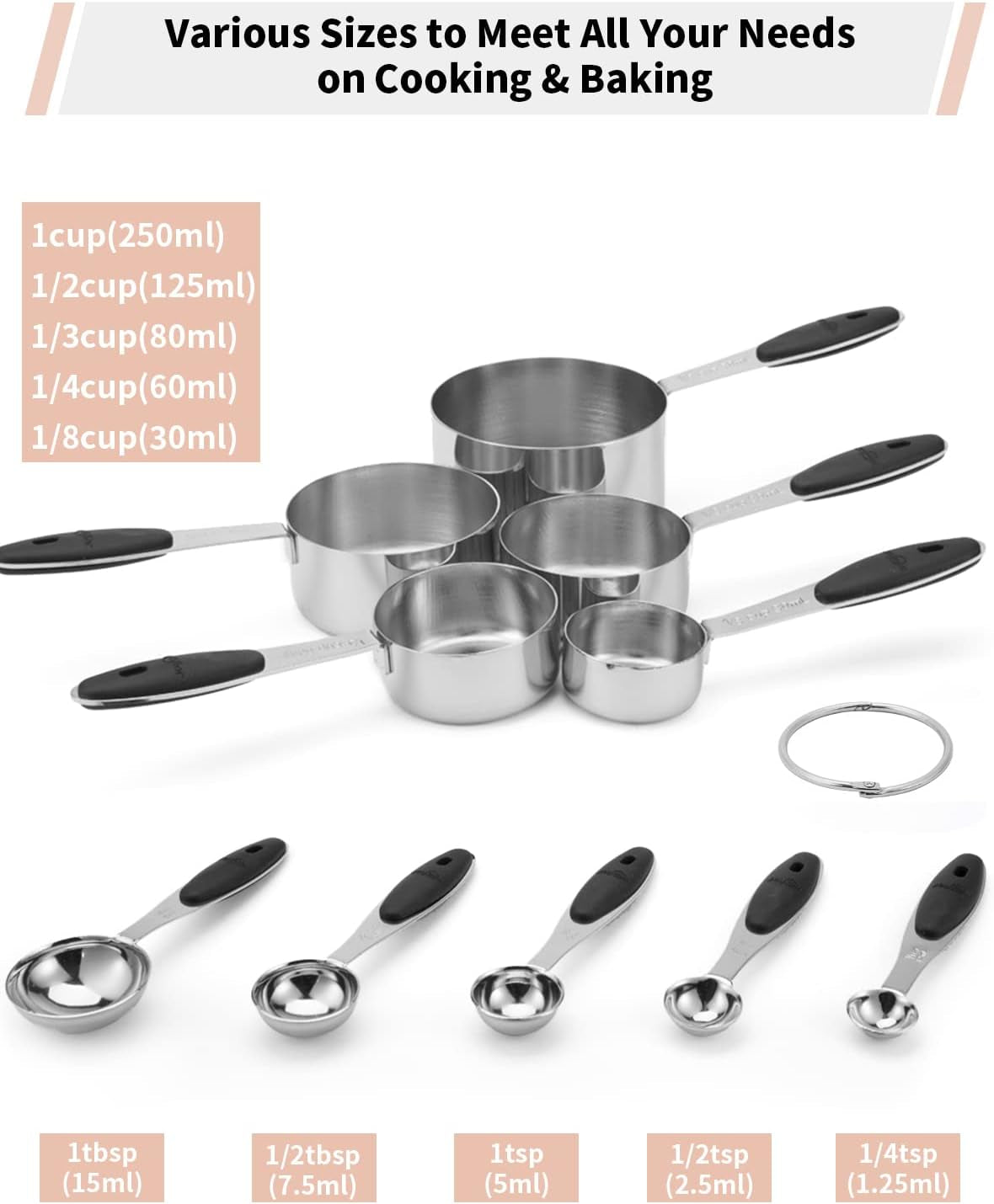 Stainless Steel Measuring Cups and Spoons Set of 10 Piece Nesting Metal Measuring Cups Set