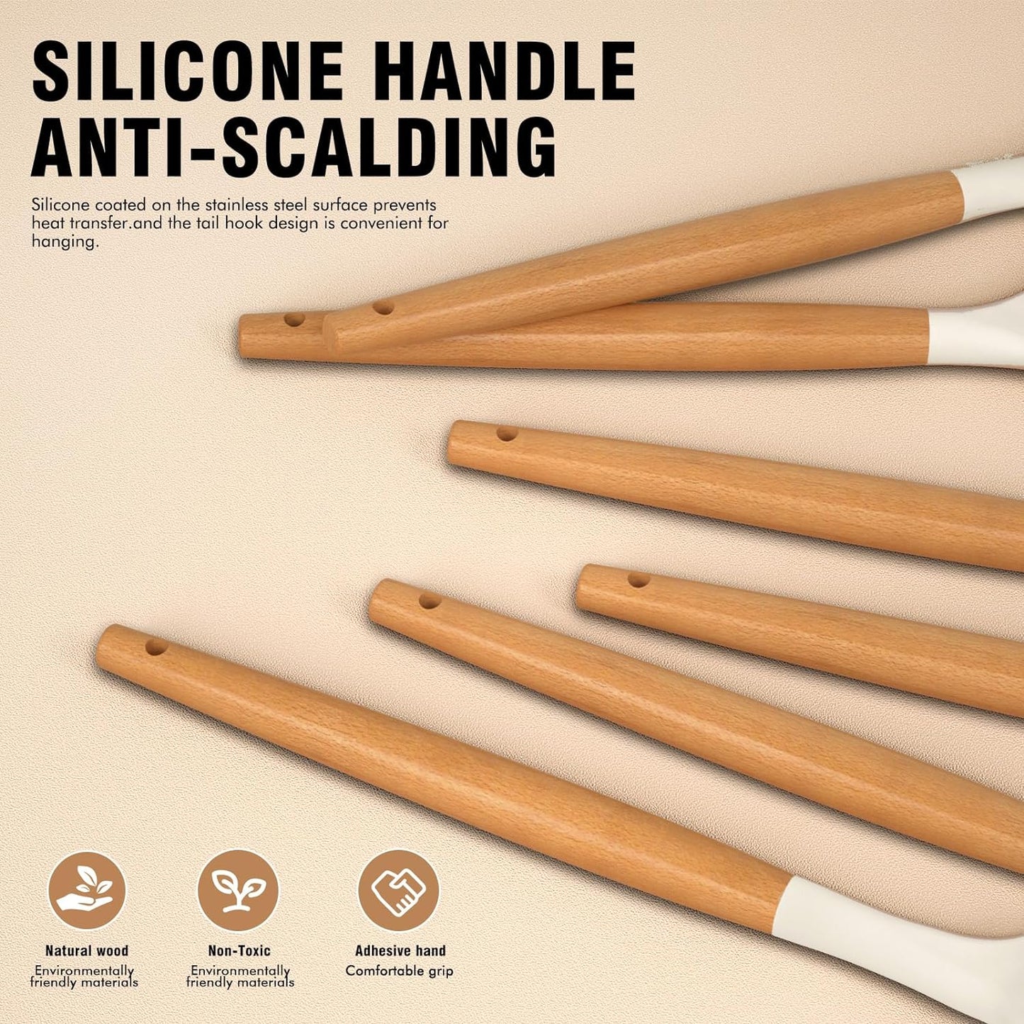 Silicone Cooking Utensils Set Silicone Kitchen Utensils for Cooking Wooden Handles