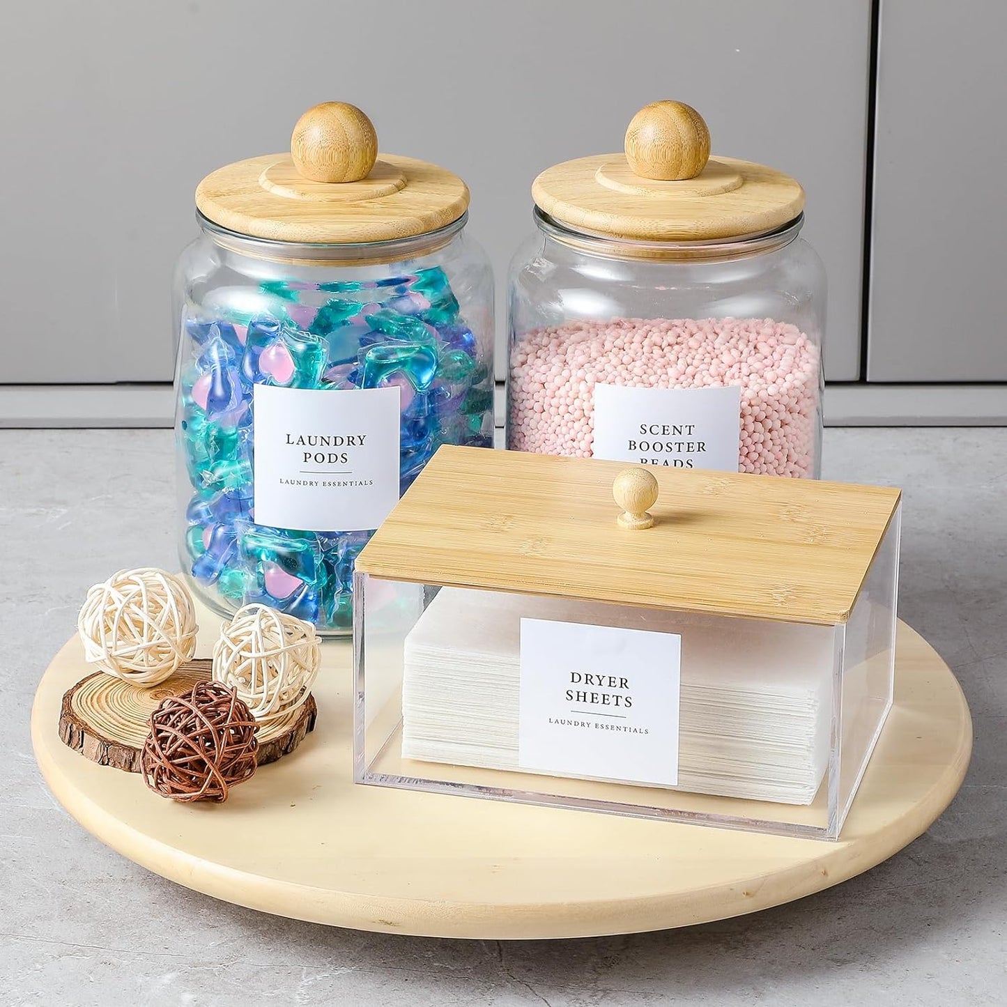 Glass Jars and Dryer Sheet Holder with Bamboo Lids Dispenser  