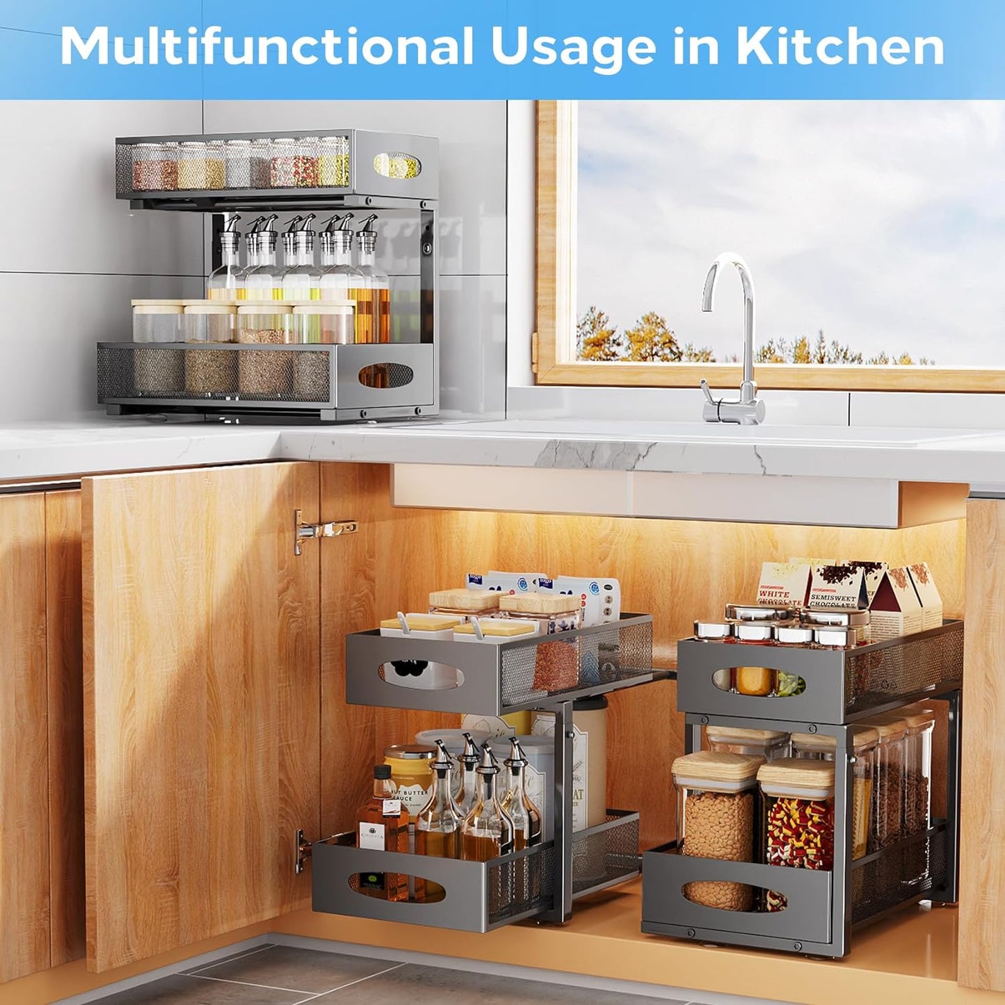 Under Sink Organizer 2 Tier Pull Out Cabinet Organizer Baskets 