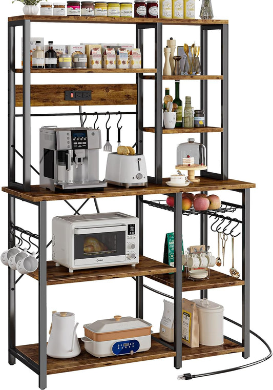 Large Bakers Rack with Power Outlets 6 Tier Microwave Stand Coffee Bar