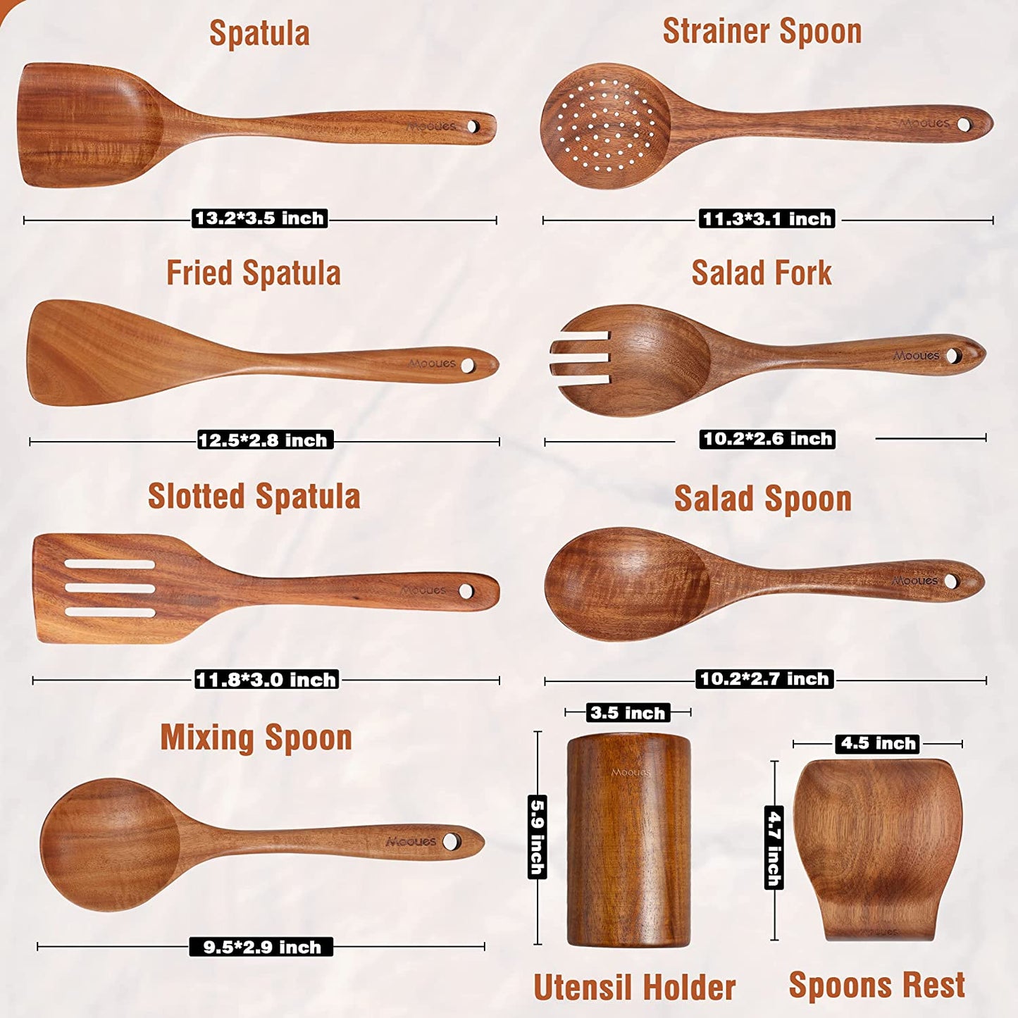 9 Piece Natural Teak Wooden Kitchen Utensil Set with Spoon Rest  Comfort Cooking