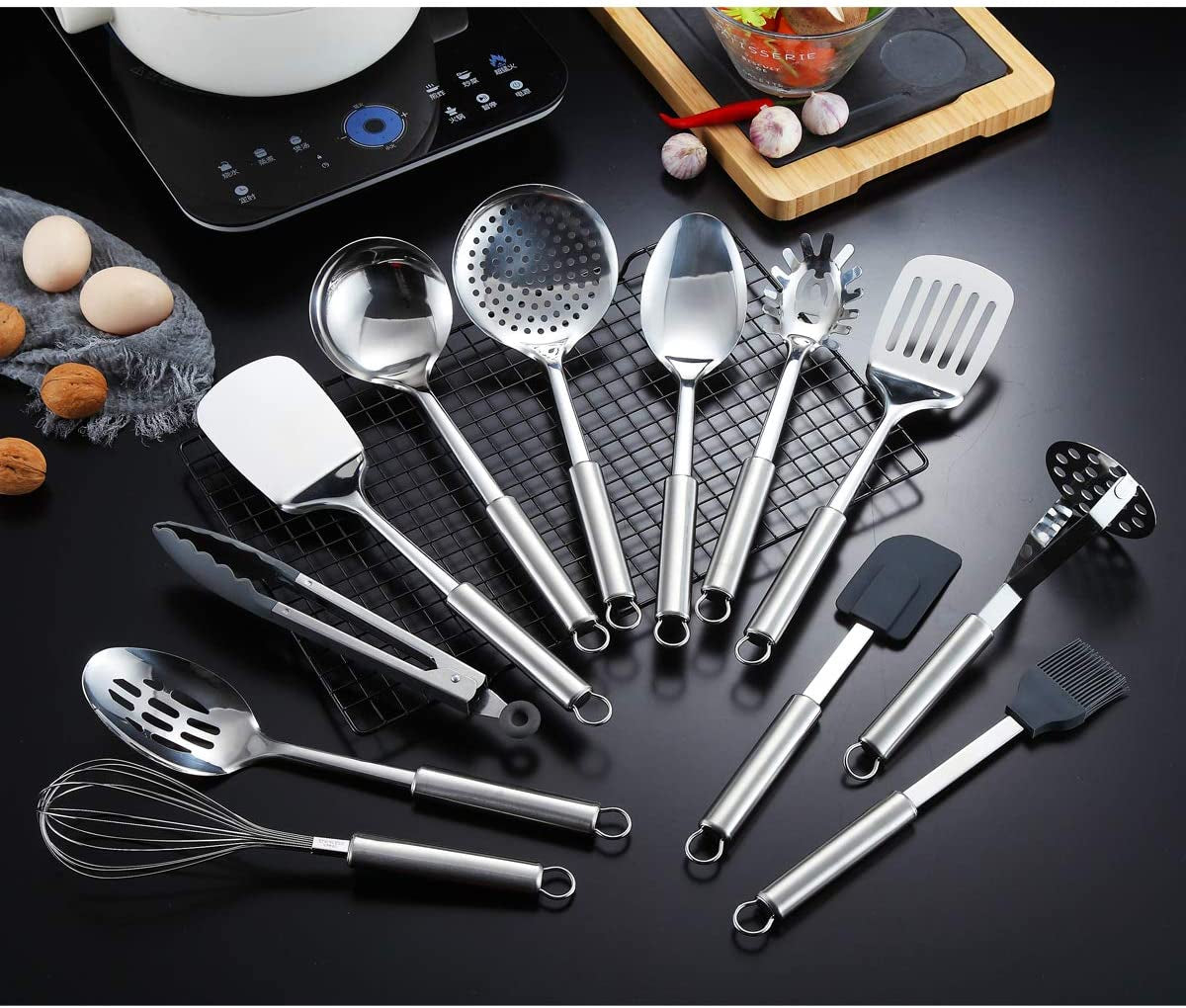 Cooking Utensil Set 13 Piece Stainless Steel Kitchen Tool Set with Holder