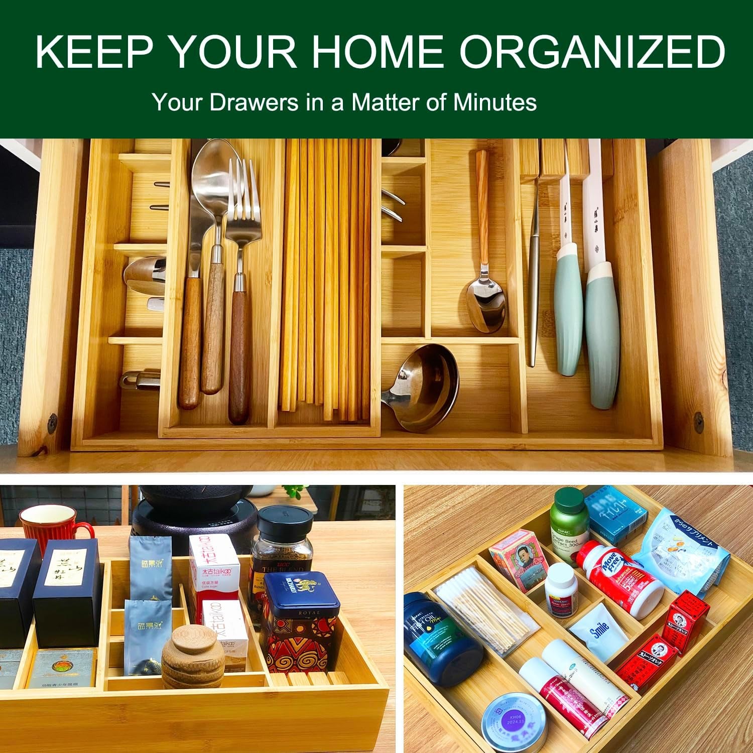 Double Layer Bamboo Kitchen Drawer Organizer Utensil Silverware Organizer