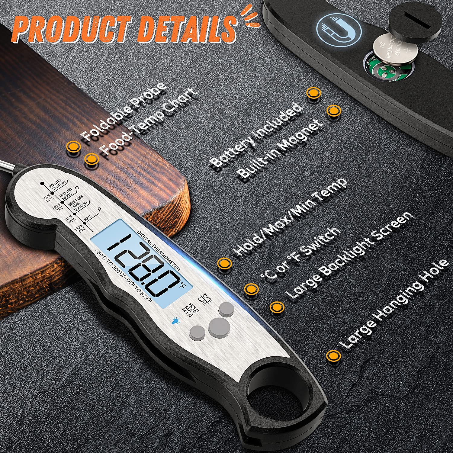 Waterproof Instant Read Food Thermometer Cooking and Grilling