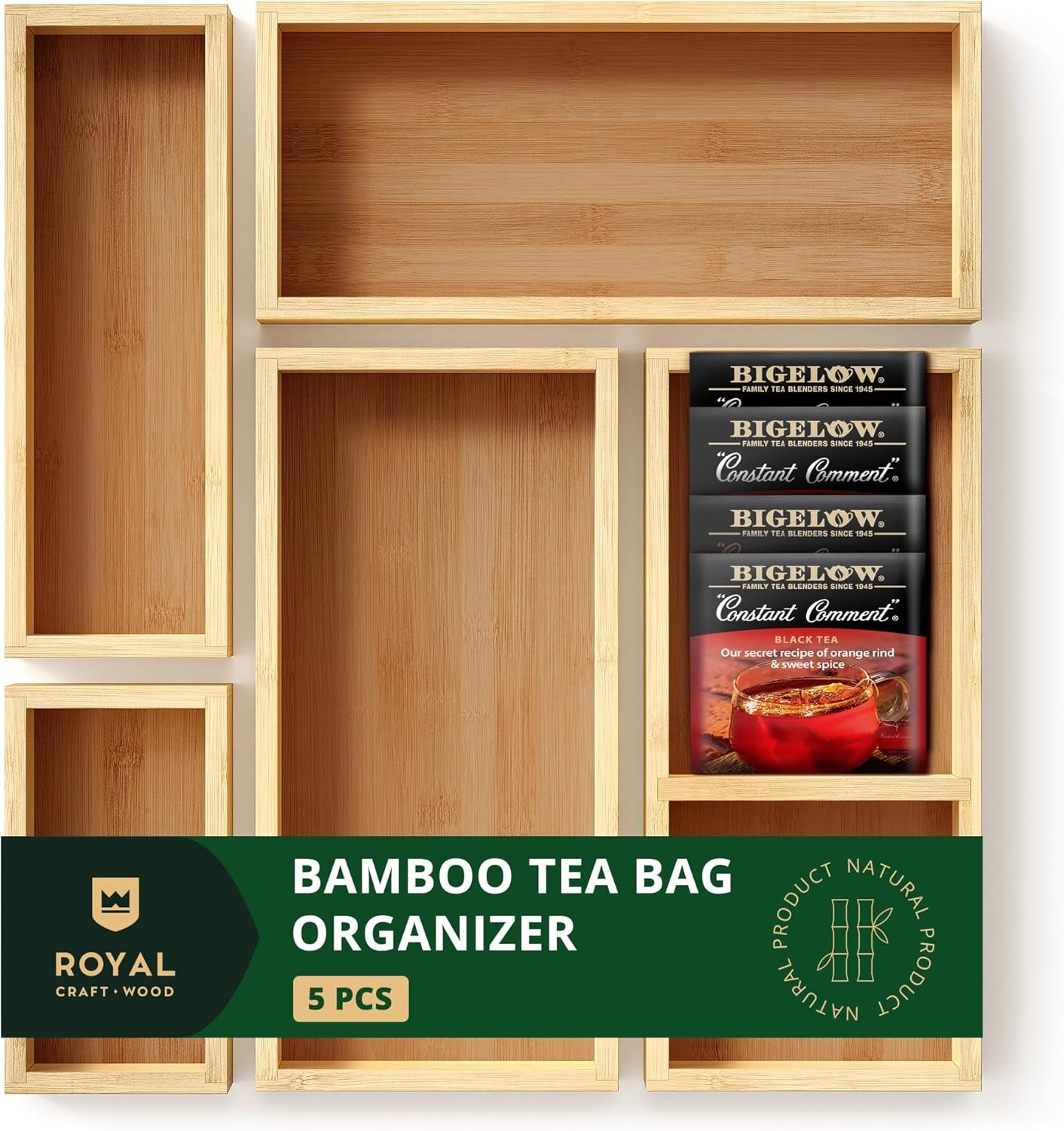 Luxury Bamboo Tea Storage Chest  Multi Use Drawer Organizer Set for Tea Bags